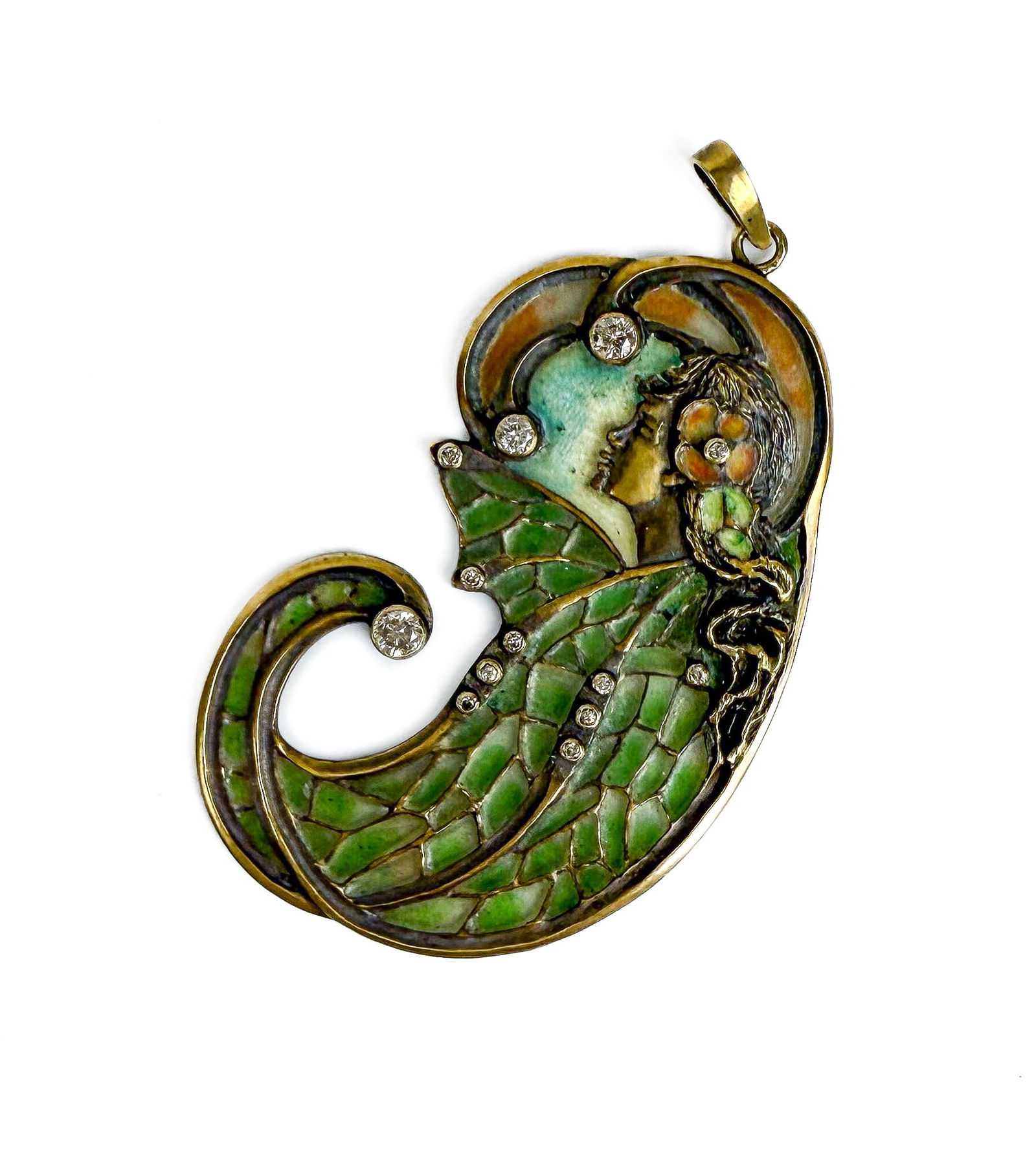 Plique-A-Jour, Diamond and Gold Pendant: Art Nouveau-inspired plique-a-jour and champleve enamel, gold and diamond pendant, designed as lily of the valley flower bud with female head exposed, maker's mark to reverse and "14K". [9.8 dwt., 2"