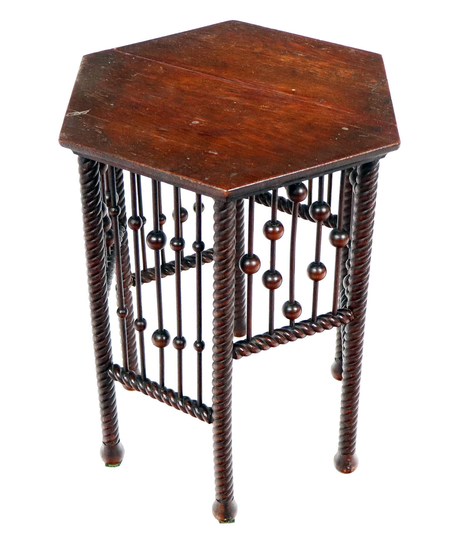 Victorian Barley Twist Oak Table: Victorian hexagonal side table, 19th century, with barley twist legs and ball and spindle post decoration. [18" H x 13" Diameter]. Condition is good with a repair to top and to legs. From the