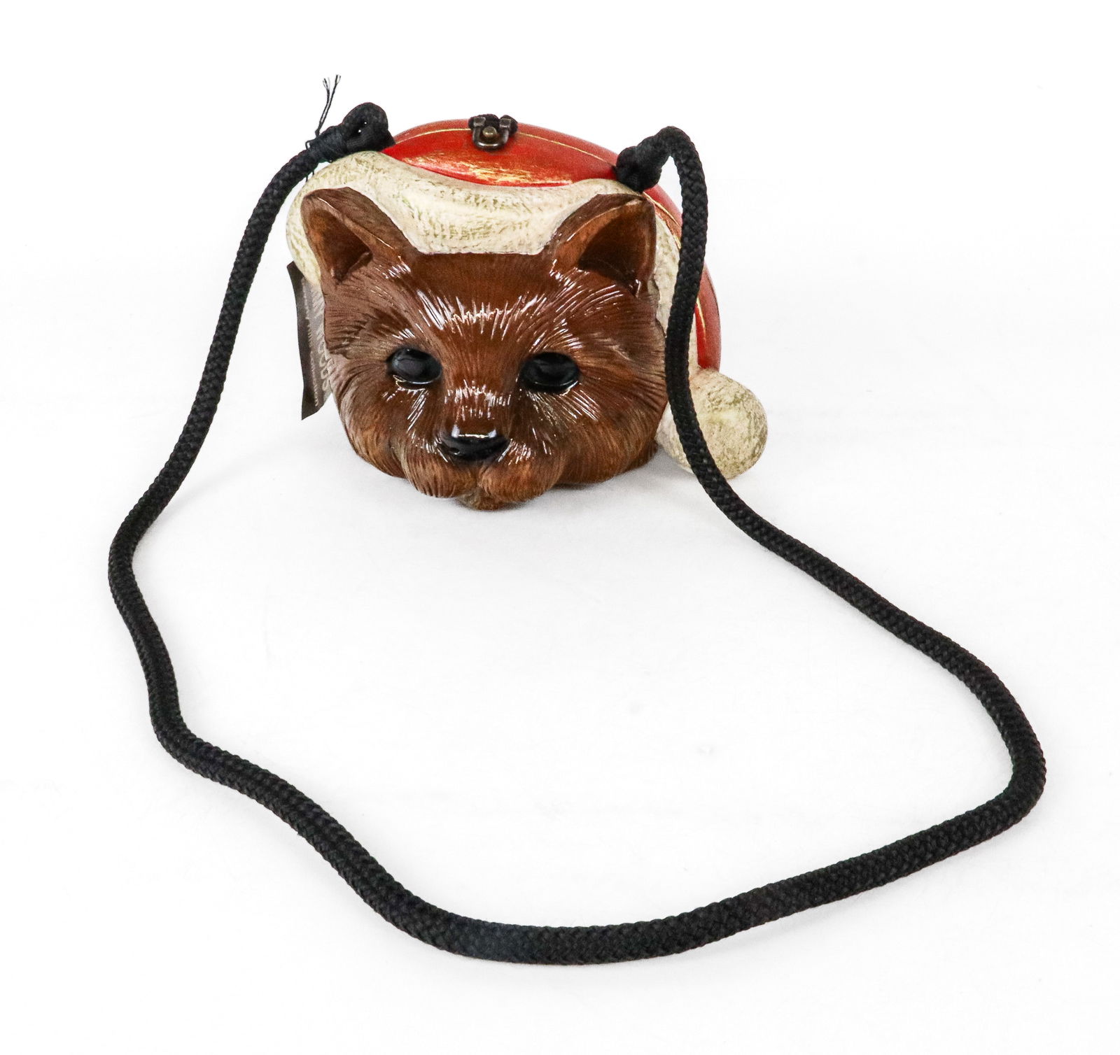 Timmy Woods Beverly Hills Carved Acacia Handbag: Timmy Woods Beverly Hills carved and painted acacia handbag, 20th century, in the form of a cat, with original Timmy Woods tag, marked Timmy Woods to interior, and with original international
