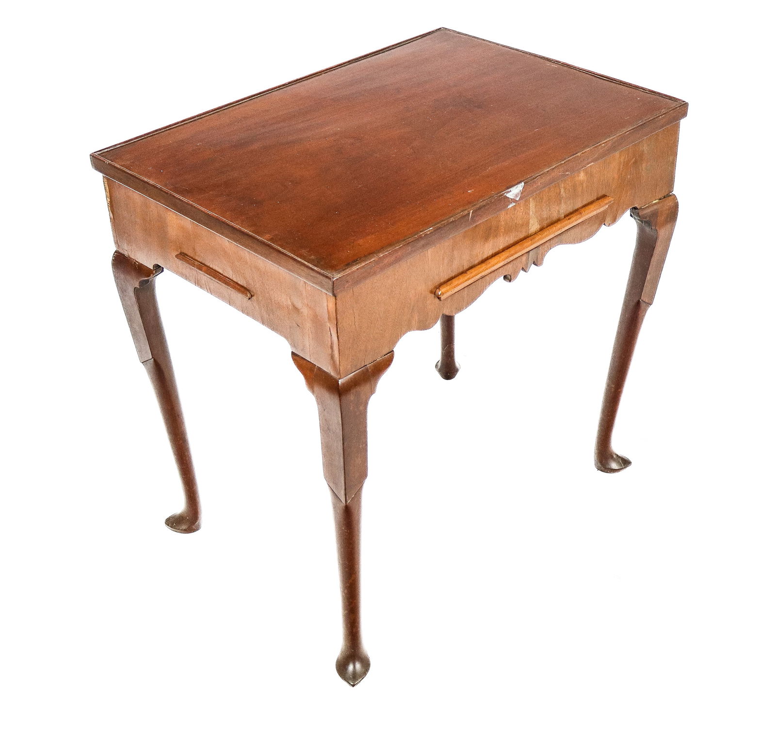 Queen Anne Mahogany Trick Track Table: Queen Anne mahogany Tric Trac table, mid 19th century, the top is removable with leather pad on one side and revealing a trick track board to the interior, with pull out chessboard and two candle slid