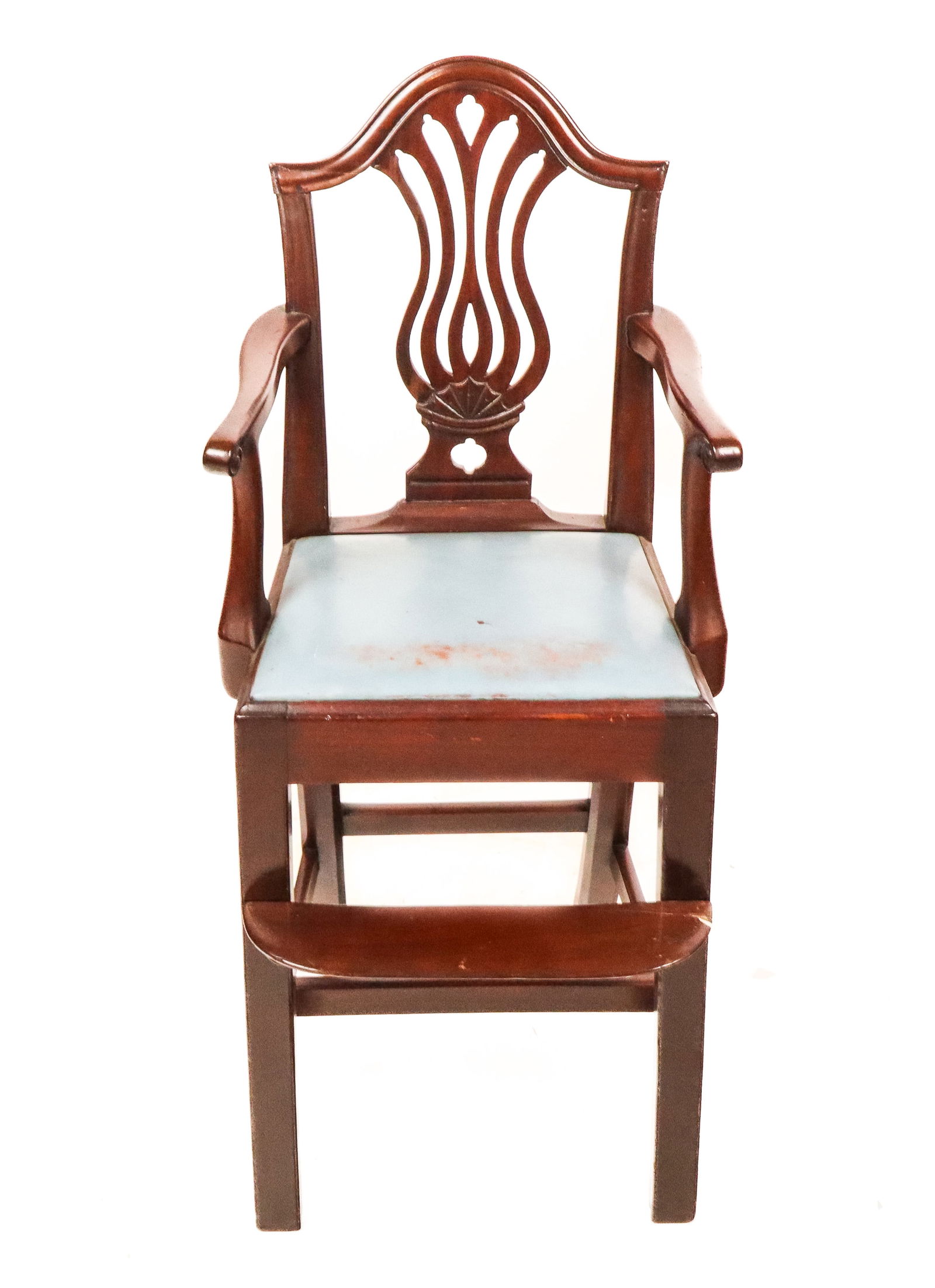 George III Mahogany Child's Highchair: George III mahogany lyre-back highchair, late 19th century [36' H x 15" W x 13.5" D]. Overall condition is good/fair, seat with stains, footrest loose and requires repair. Estate of Priscilla and