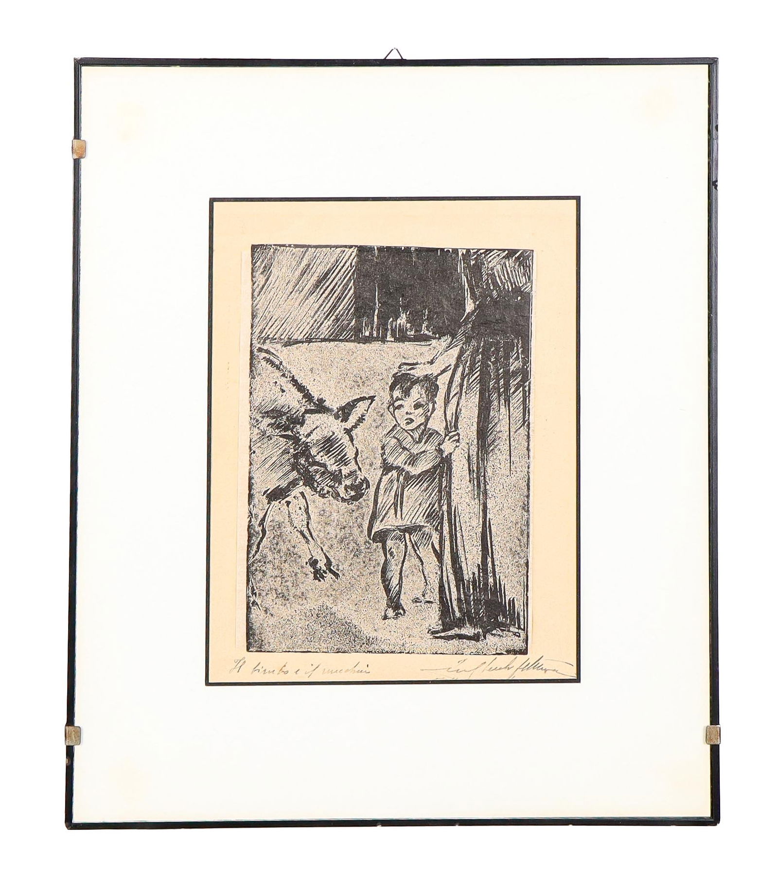 Antique Block Print - Child And Cow: Antique block print of a child and cow, early 20th century, French, titled and signed illegibly. [Art: 9" H x 6" W; Frame: 16" H x 14" W]. Print overlapping paper on paper mount. HALLWAY BY SIDE DOOR