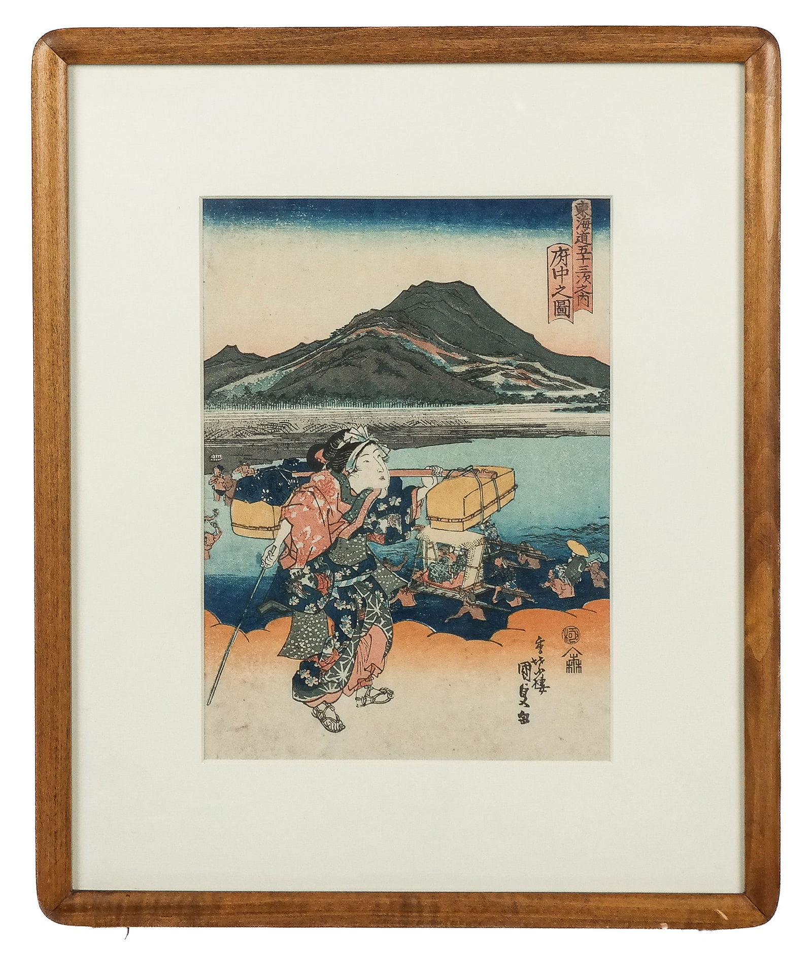 Utagawa KUNISADA Woodblock from 53 Stations: Utagawa Kunisada (Japanese, 1786-1865) "Fuchu" Edo period ukiyo-e woodblock print, from Fifty-Three Stations of the T?kaid?, signed K?ch?r? Kunisada. [Sight: 9.75" H x 7" W]. Condition is good with