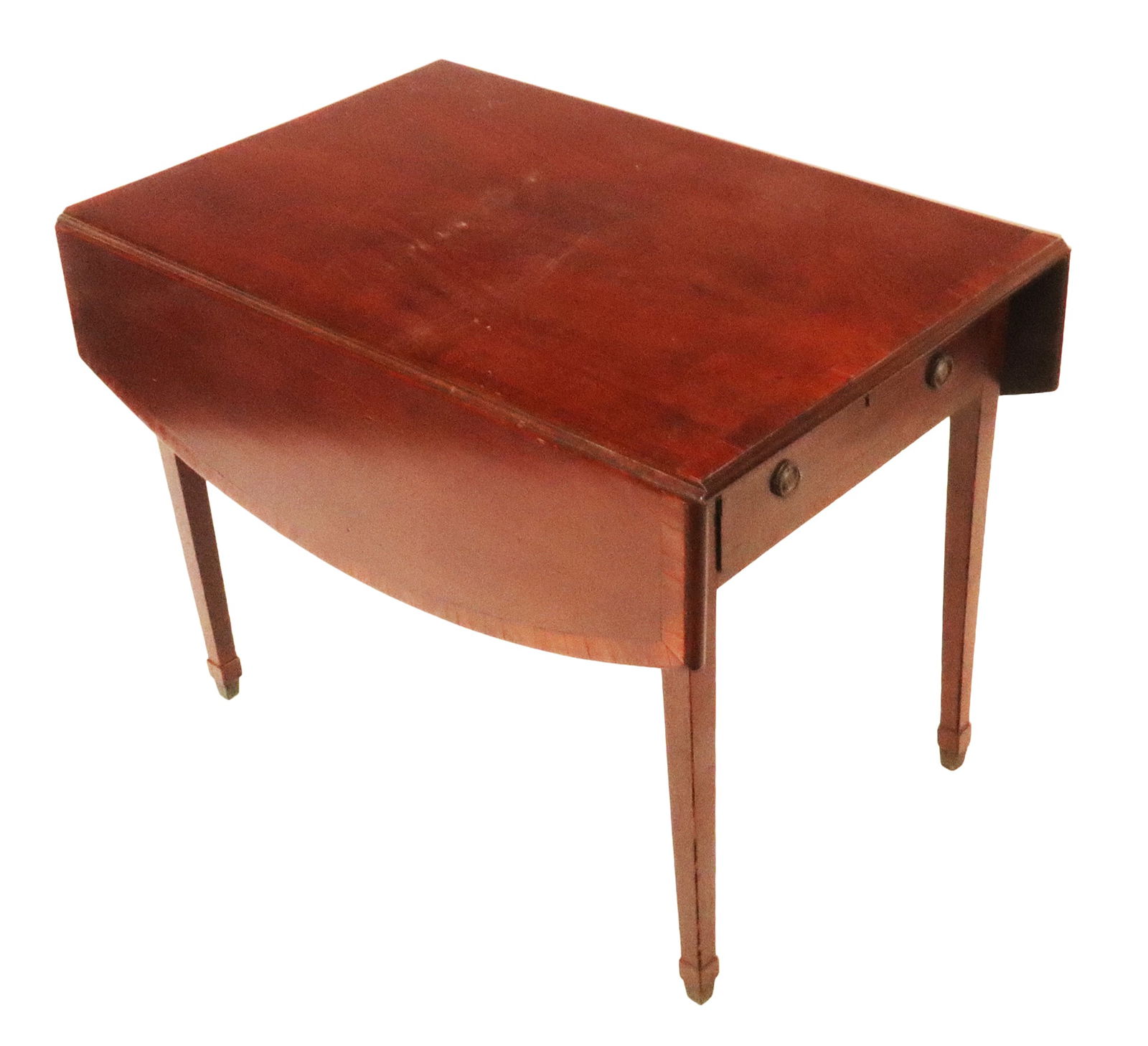 English Petite Pembroke Table: Antique English mahogany banded low Pembroke table, 19th century. [27.5" H x 24" W x 35.5" D]. In overall good condition as with age and wear.