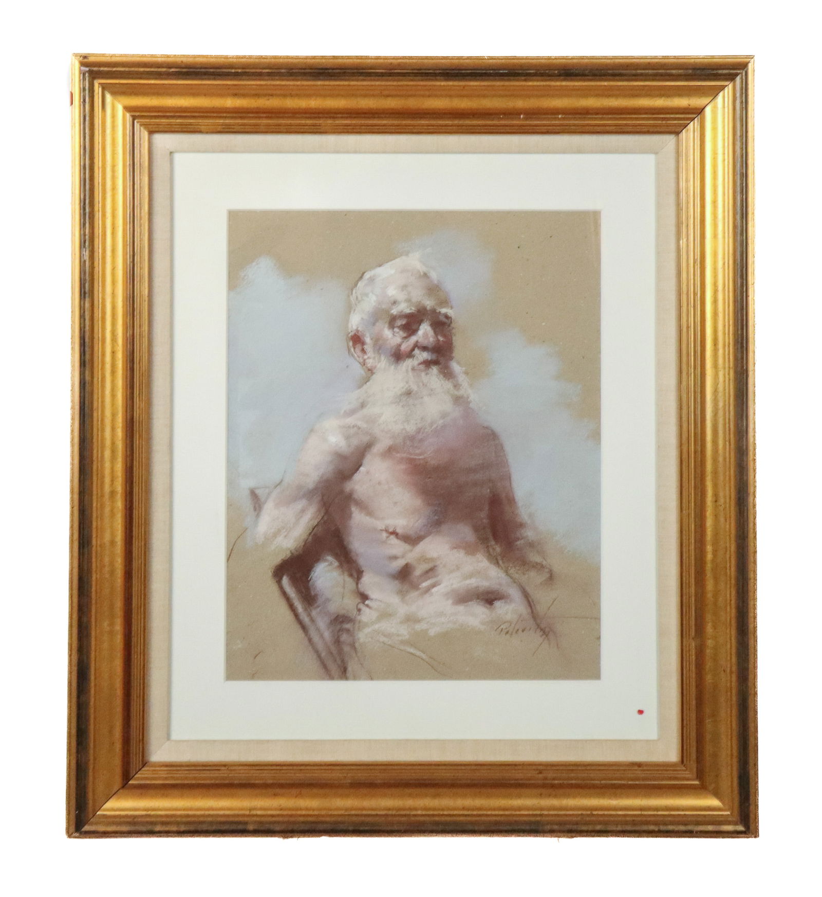 Robert PALEVITZ: "Torso of a Man" 2011 - Pastel: Robert Palevitz (American, b. 1937) matted and framed pastel on paper depicting a half-nude of an elderly man titled "Torso of a Man", 2011. Signed lower right "Palevitz". [Sight: 19" H x 15" W; Frame