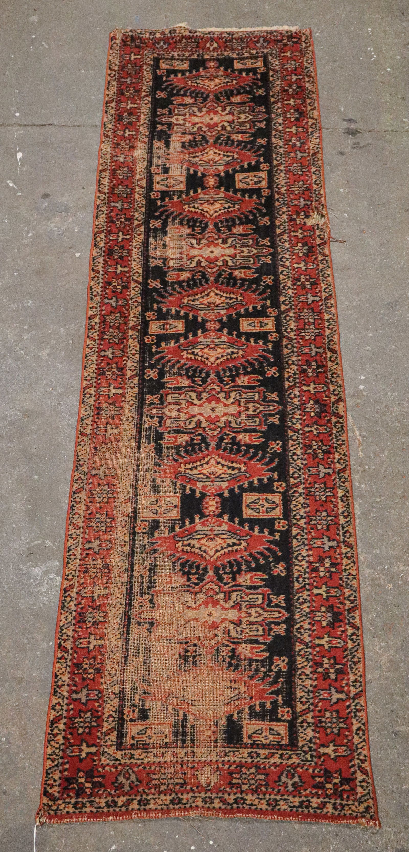 Large Oriental Carpet (Kashan): Large Kashan carpet having a medallion center on green and red scrolling field with multi guarded border; early 20th century. [13' (156") x 17'3" (207")]. Both sides missing inches on border; allover