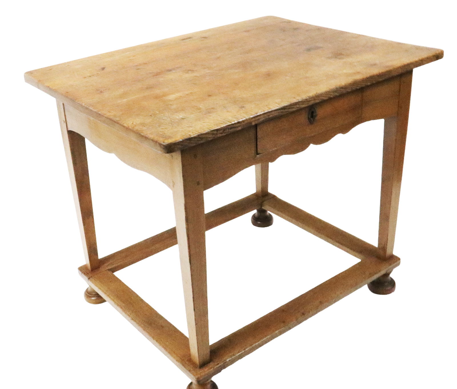 Antique French Oak Center Table: French oak center table, 18th century, having a flat top on tapered legs, with one drawer, on outer stretcher base supported by carved bun feet. [31" H x 28" W x 37" D]. Distressed as with age.