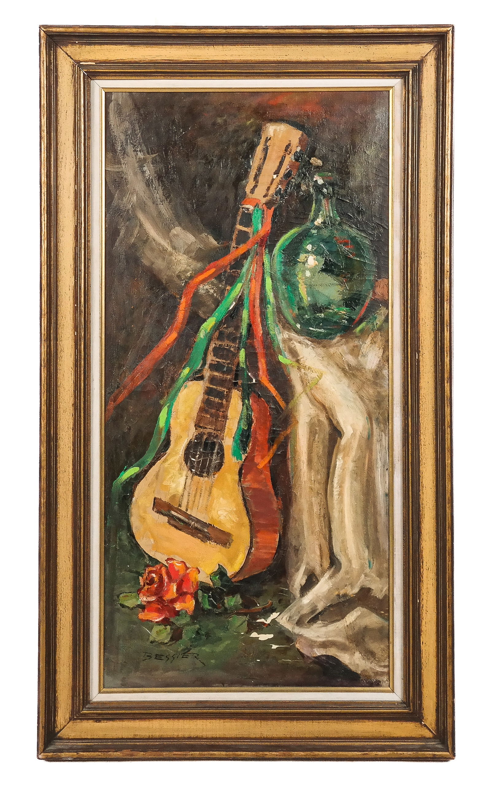 Raymond BESSIER Still Life O/C with Guitar: Raymond Bessier (French, b. 20th Century) oil on canvas still life of a guitar with a water jug and flower, signed Bessier to lower left, in a frame. [Framed: 39.5" H x 22.5" W]. Condition is fait