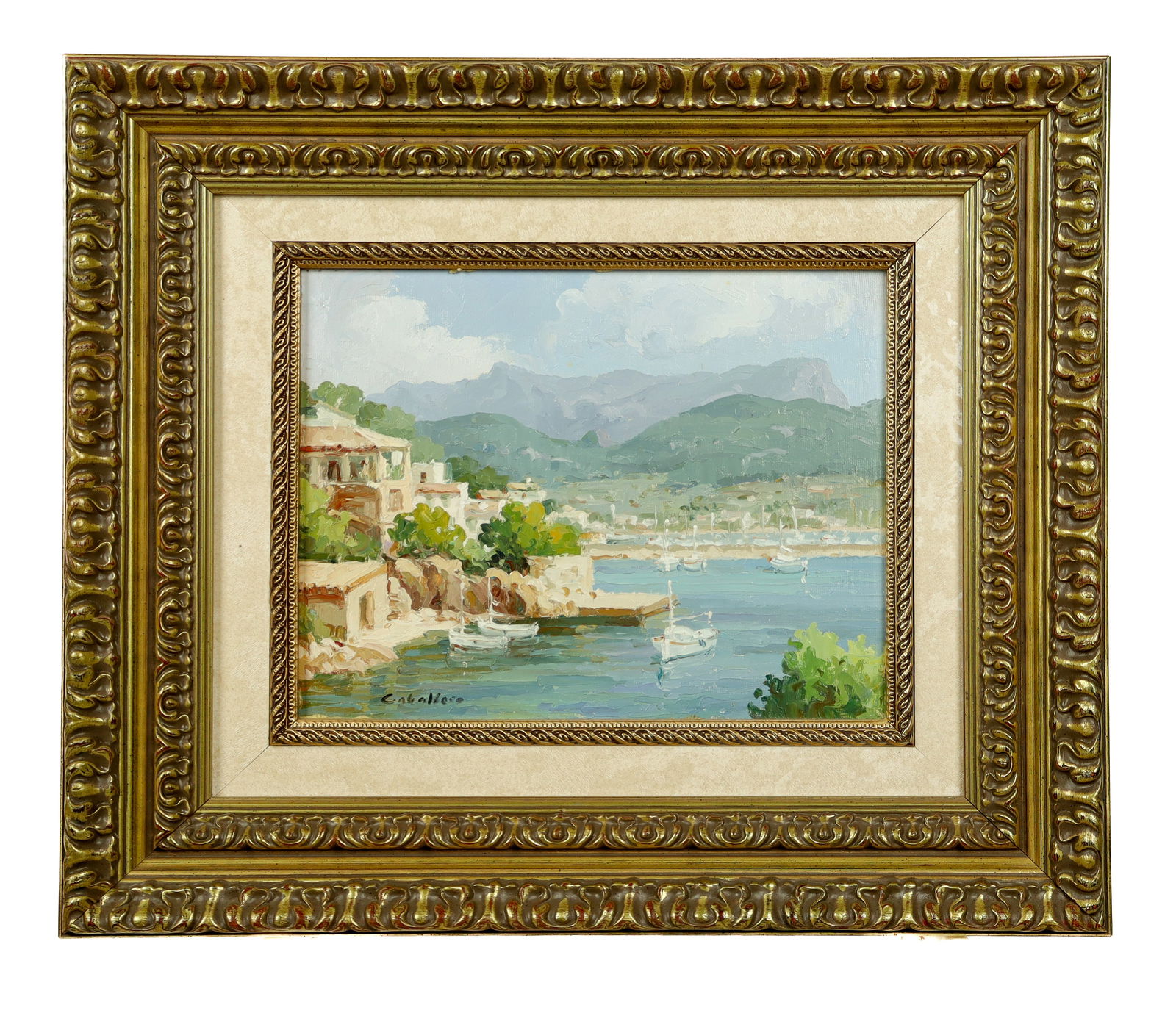 Signed "CABALLERO": Harbor Scene - Oil On Canvas: Modern oil on canvas painting of a harbor port with sailboats and wealthy homes, signed lower left, inscribed "Puerto de Andraix [?]" on back. [Art: 9" H x 11" W; Frame: 16" H x 18" W]. CABINET BY