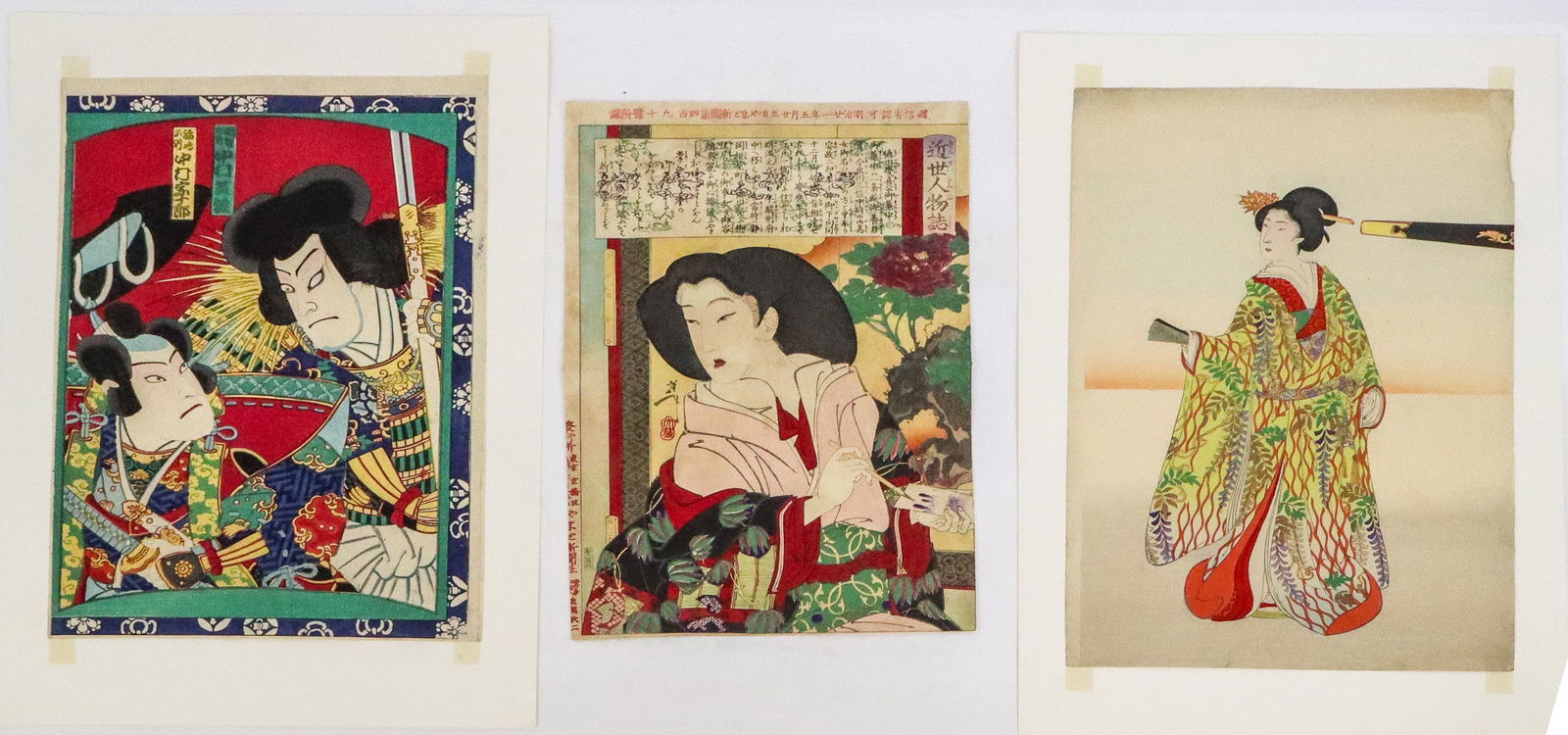 Three Japanese Woodblock Prints: Three Japanese woodblock prints comprising Tsukioka Yoshitoshi "Wife of Shogun - Kinsei Jinbutsu Shi" woodblock print, 1888, from the series of Kinsei Jinbutsu Shi (Chronicles about the People of