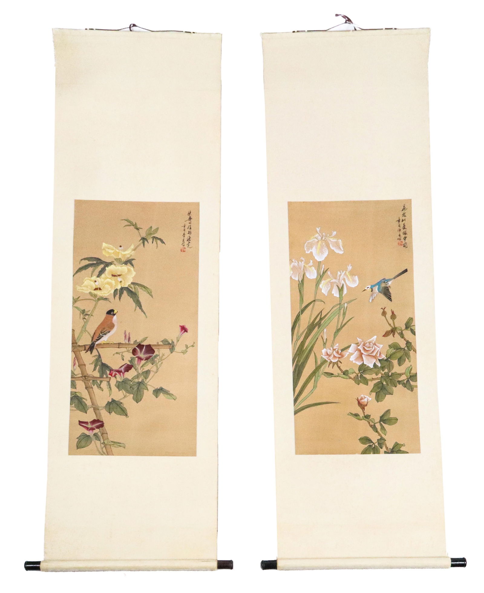 Chinese Pair Ink on Silk as Scrolls, 2: Two Chinese ink on silk paintings, 20th century, mounted as scrolls with inscriptions to images and to scroll. [Images: 33" H x 15" W]. Condition is good.