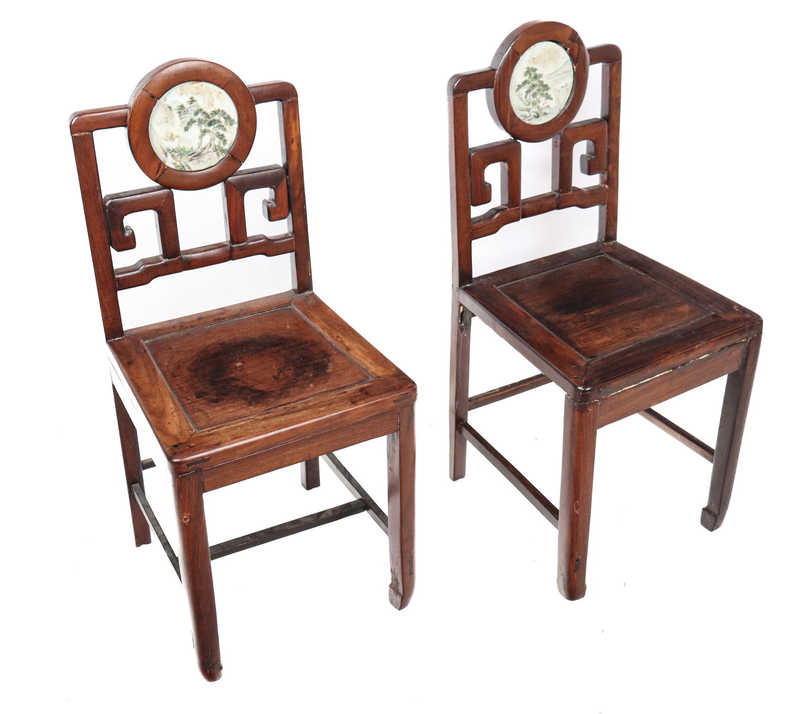 Chinese Qing Dynasty Chairs with Inset Plaques, Pr: Pair of Chinese Qing Dynasty rosewood chairs, 19th century, with inset hand-painted landscape plaques to upper backrest and wood joinery construction. [32" H x 15" W x 15" D; seat height: 16"].