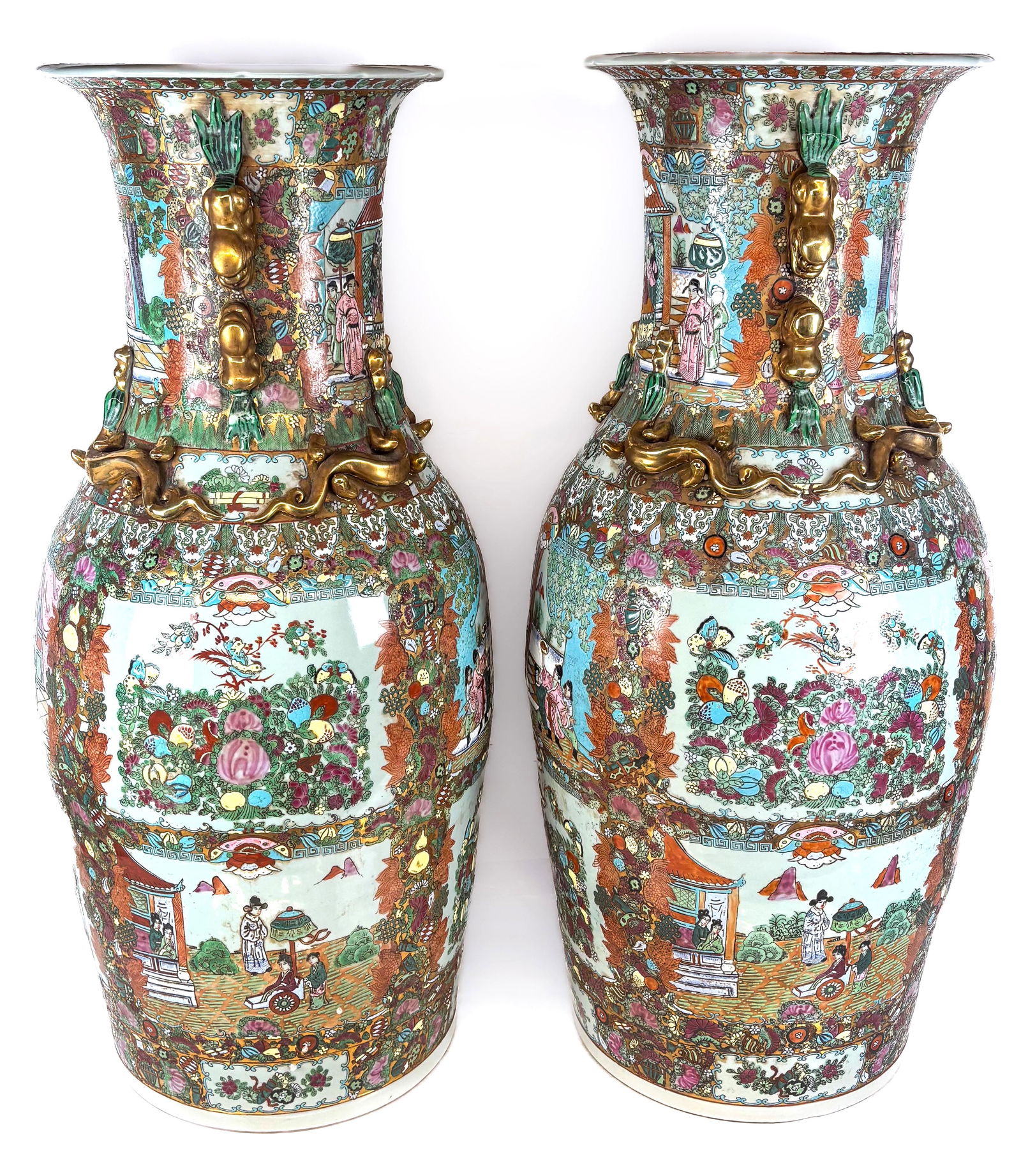 Pair Chinese Famille Rose Palatial Vases: Pair Chinese palatial famille rose floor vases, 19th/early 20th century, with celadon grounds and elaborate hand-painted and moriage decoration and gilt details and apocryphal Qianlong marks to base