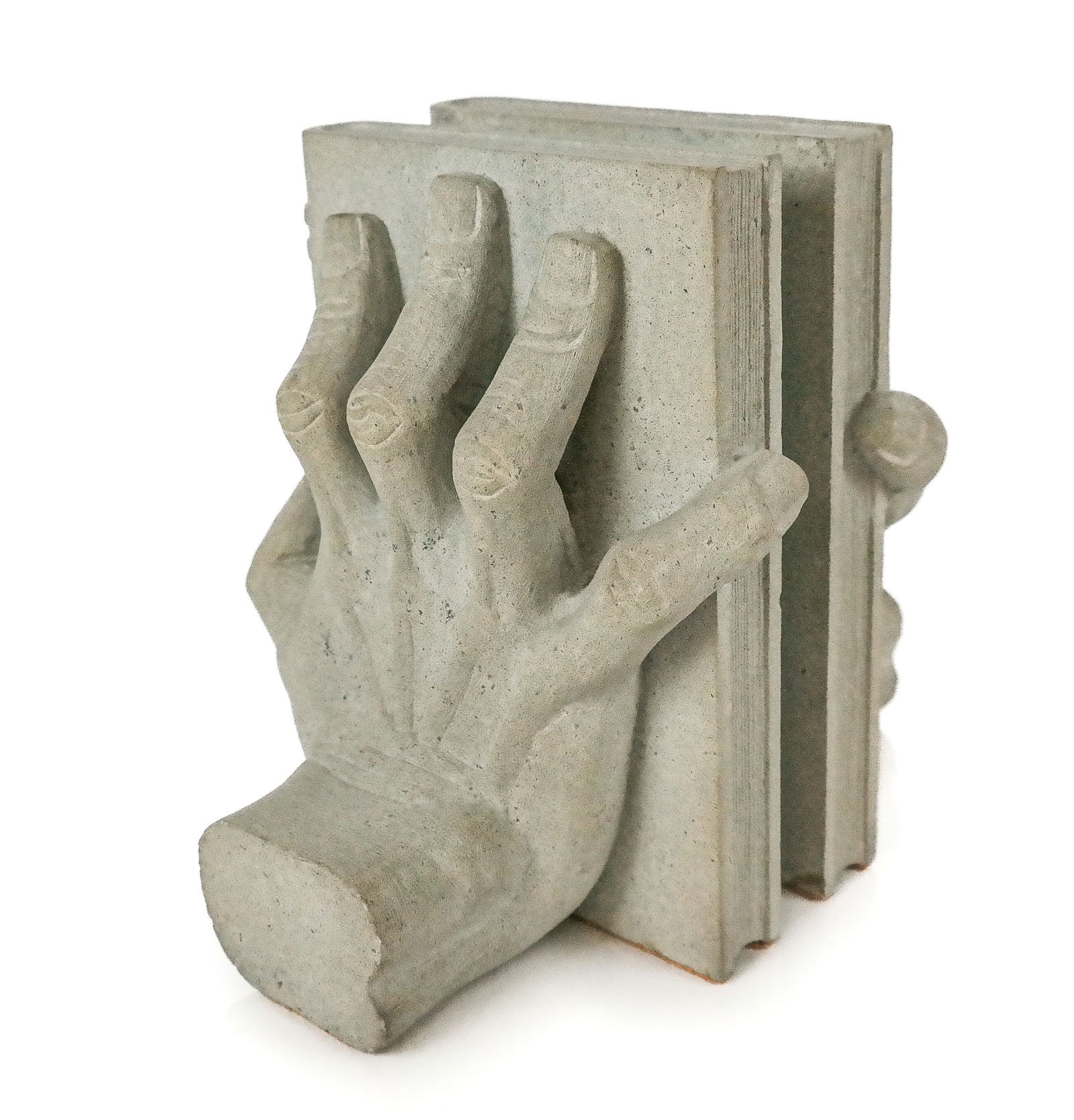 Pair of Concrete Hand and Book Form Bookends: Pair of concrete hand and book form bookends, [8" H x 4.25" W x 6" D]. Condition is good.