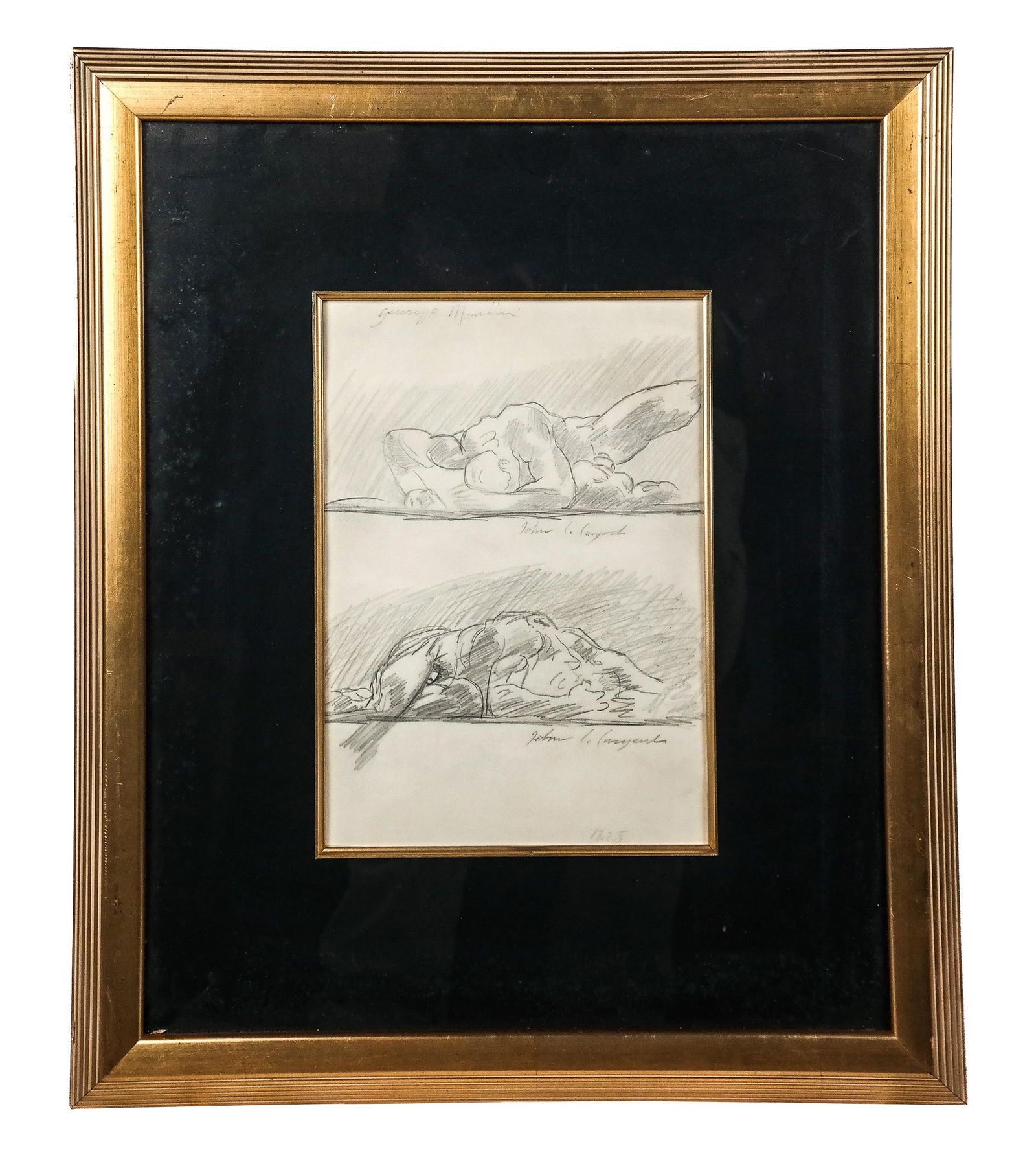 John Singer SARGENT Two Graphite Studies: John Singer Sargent (American, 1856-1925) two male nude studies in graphite, possible circa 1905, signed John S. Sargent to lower of each illustration, framed. [22.5" H x 19" W]. Condition is good wit