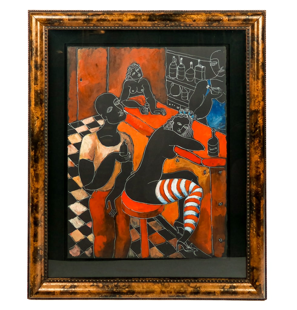 Yuri YUROZ: "His Offering" - Mixed Media: Yuri Yuroz (Armenian, b. 1956) mixed media work on paper depicting a man approaching a semi-nude woman at a bar, signed middle right (in bottle), dated '93, in a shadowbox frame; comes with Certificat
