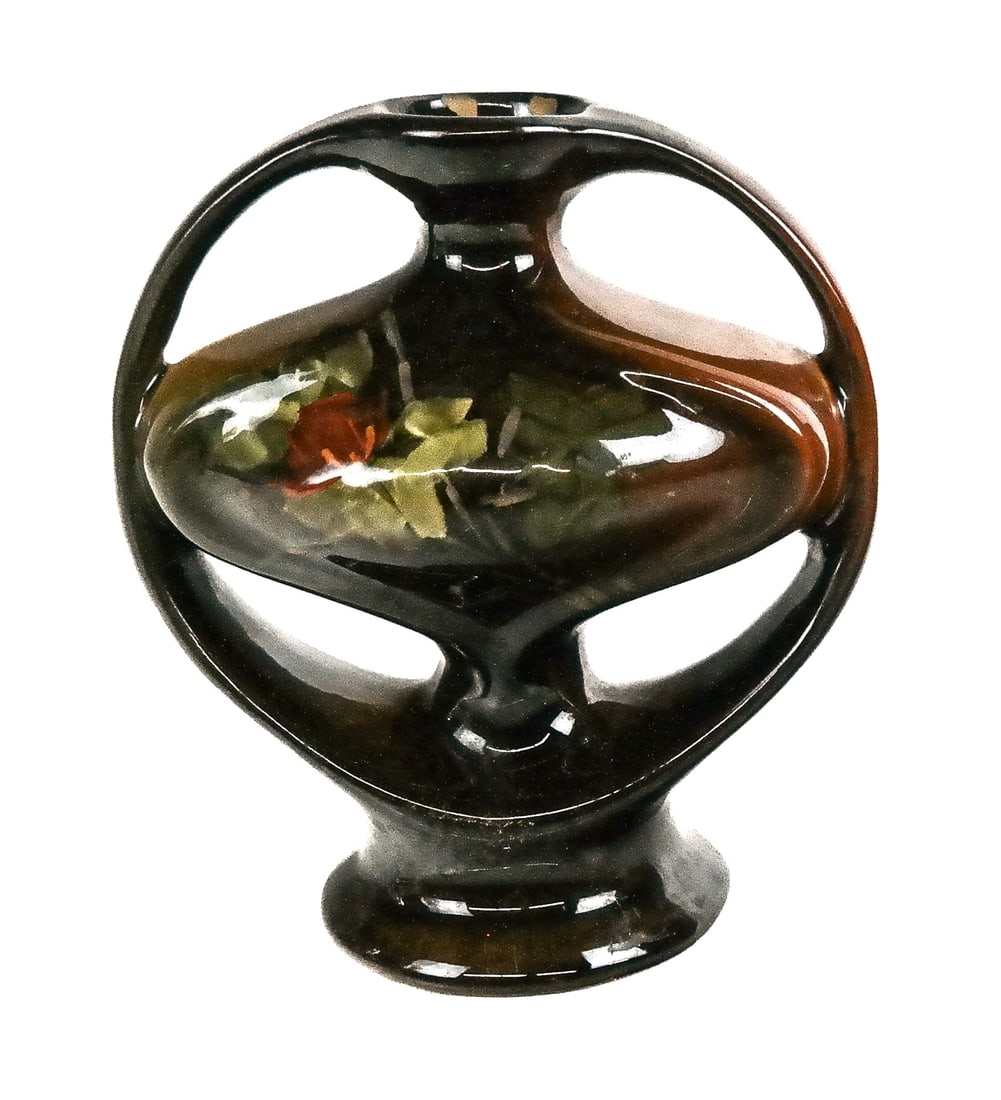 Roseville Rozane Floral Decorated Vase: Roseville Rozane two-handled pottery vessel, American, 1901-1910, with multi-colored glaze and hand-painted floral accents, marked Rozane to base, with 872 and RPC. [6" H x 5" W x 3.5" D]. Condition i