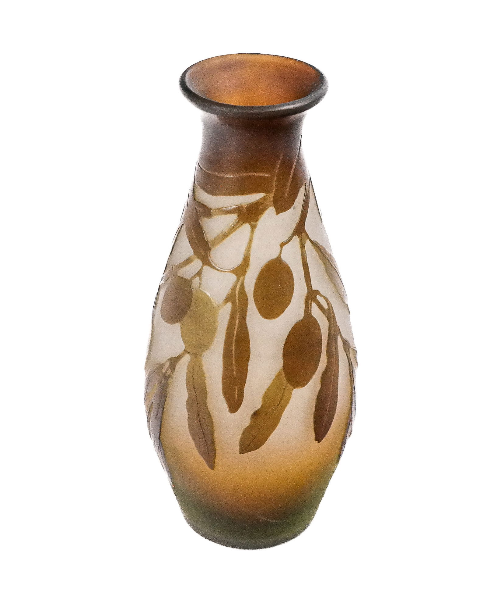 Emile GALLE Diminutive Cameo Glass Vase: Emile Galle acid etched cameo glass bud vase, French, early 20th century, with olive pattern, marked Galle to one side at lower. [5.5" H x 2.75" Diameter]. Condition is good with minor wear including