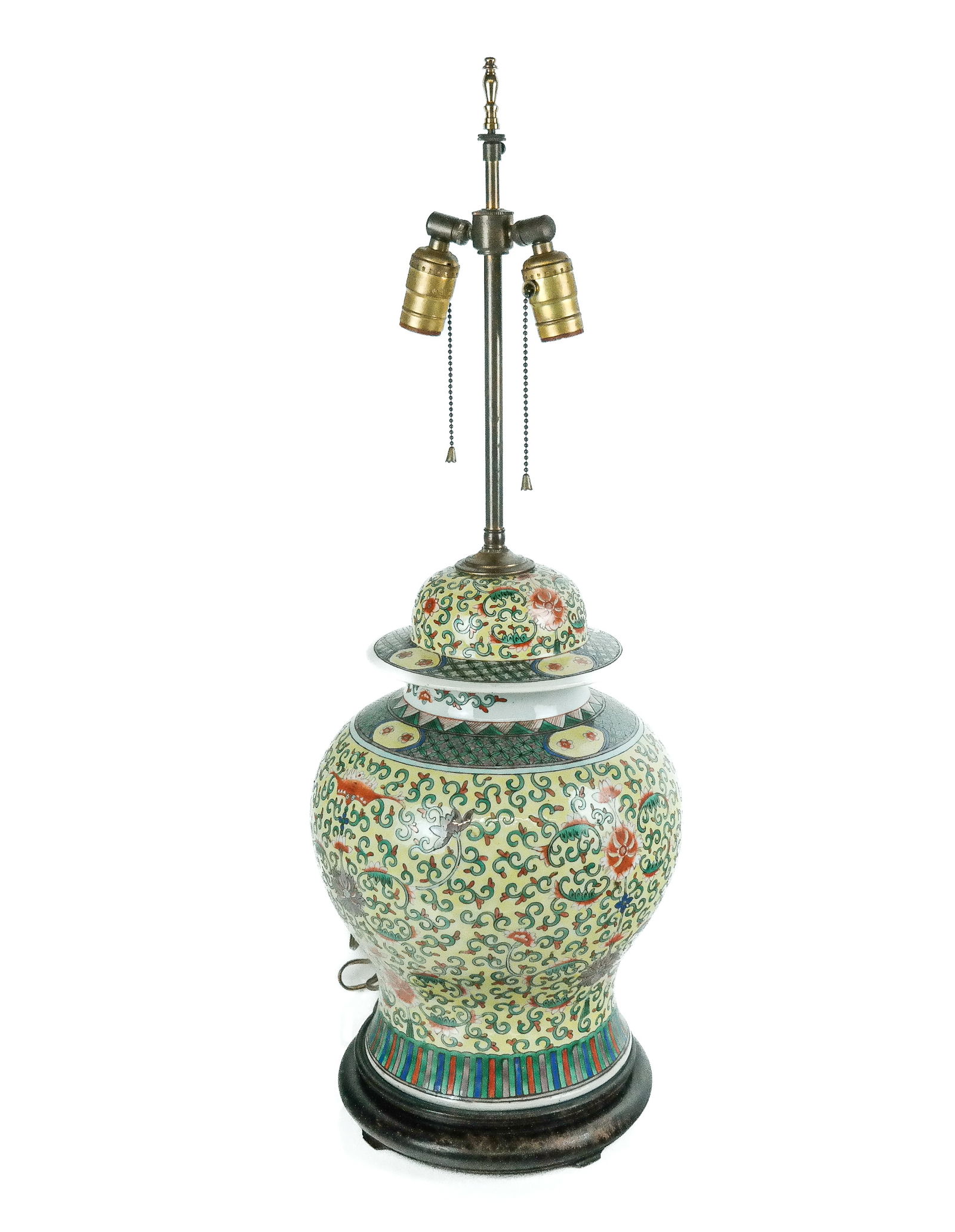 Chinese Famille Noire Ginger Jar Mounted as a Lamp: Chinese Famille Juane ginger jar, early 20th century, mounted as a lamp with floral and foliate decoration throughout and two lights.[To lip of base: 17" H x 11" Diameter]. Condition is good; wiring u