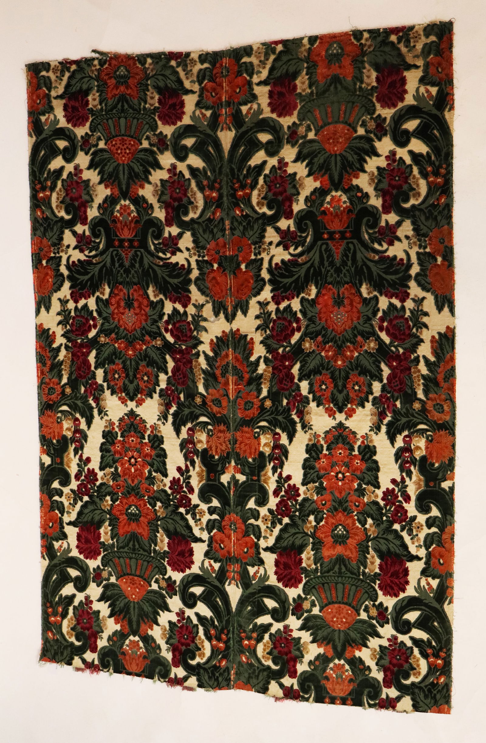 Italian Antique Jardiniere Cisele Velvet Fabric: Two joined panels of jardiniere cisele (cut and uncut) velvet, Italian, mid-to-late 19th century, with late 17th century borders. [59 x 40 in.]. Overall good condition. Some minor wear to velvet in ar