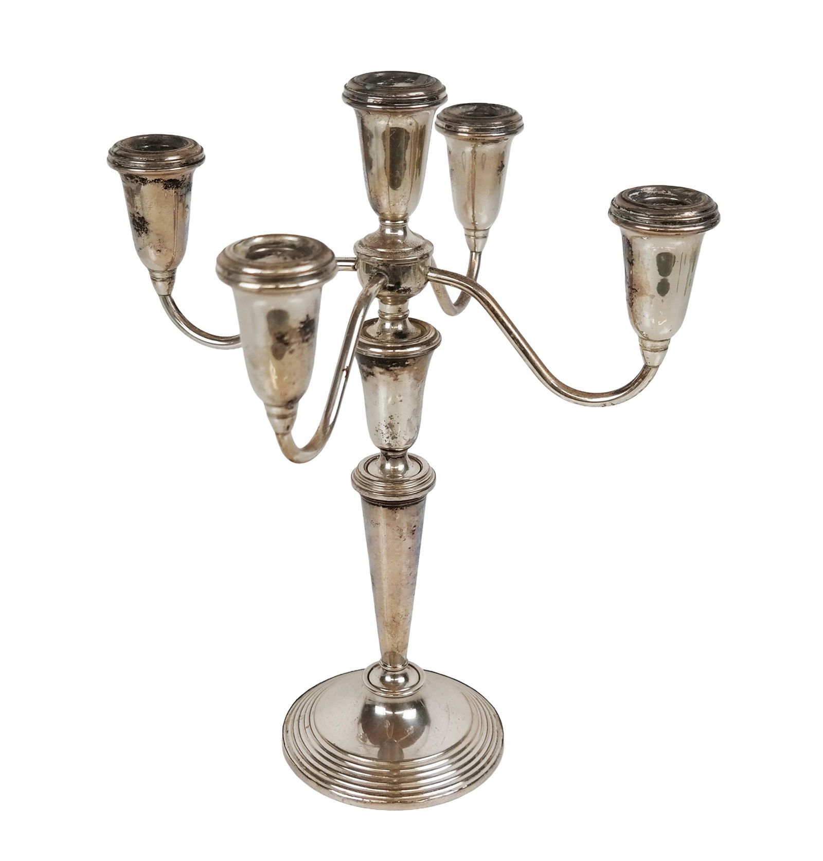 Crown Sterling Silver Five Light Candelabrum, Weig: Crown sterling silver five light candelabrum, weighted, marks to base. [13" H x 11" Diameter]. Overall condition is good/fair edge to foot loose, tarnished and with candle residue. From the Collection