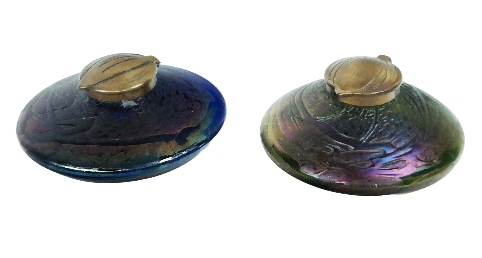 Loetz Two Art Nouveau Iridescent & Brass Inkwells (1 of 16)