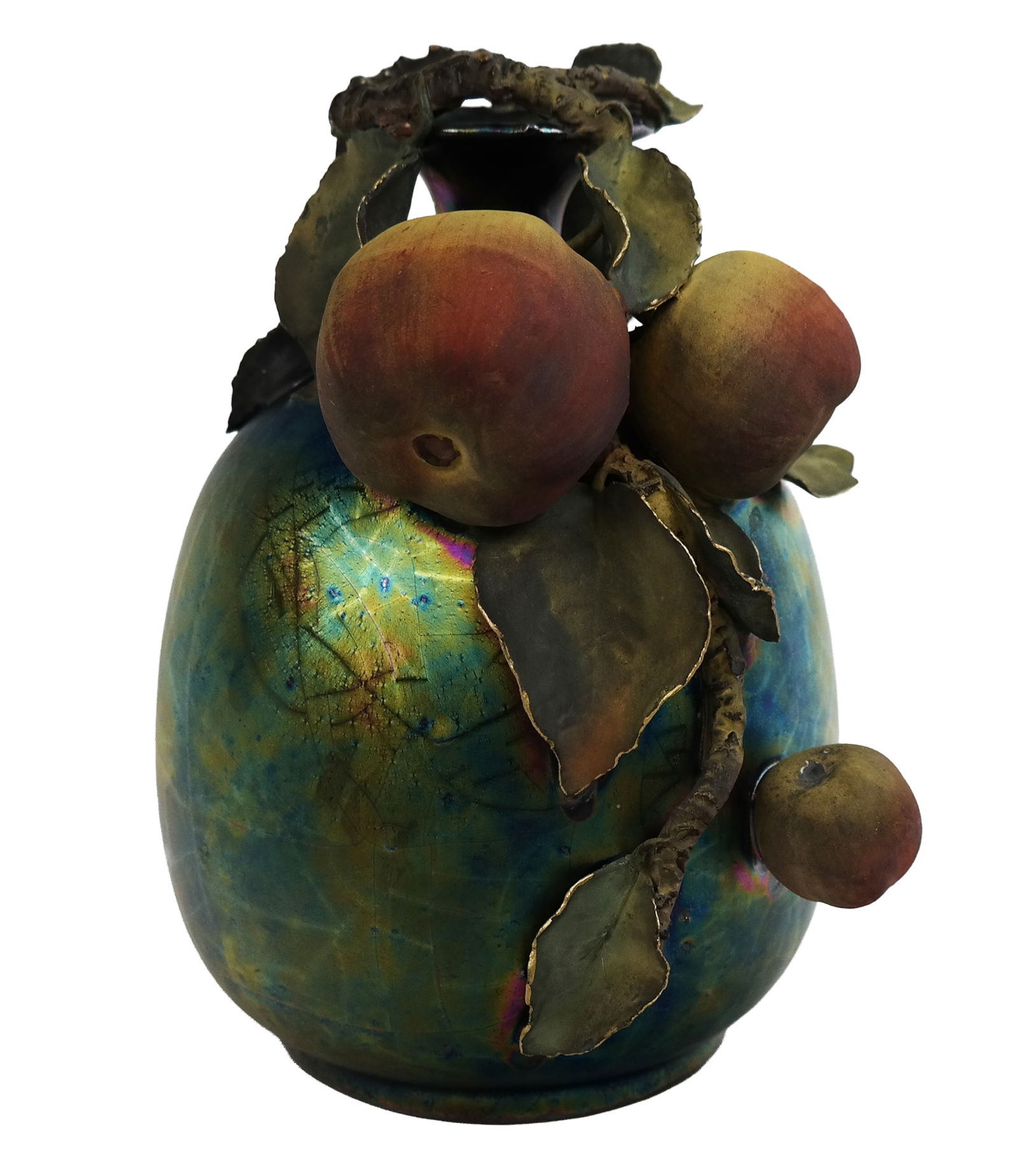 Art Nouveau Heliosine Ware Glass Vase with Fruits: Art Nouveau Heliosine ware iridescent glass vase with affixed fruits, probably Bohemian circa 1900, with gilt decoration to leaves, numbered 5720 S to base, otherwise unmarked. [9.5" H x 8.5" W x 8" D