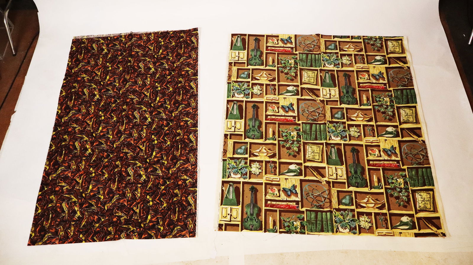 Mid-Century Original Printed Cotton Panels, 2: Two printed cotton panels, 1952-53, including: fabric designed by William Ward Beecher of The Associated American Artists in the "A Riverdale Fabric - Treasure Trove" pattern, having brown wood cabine