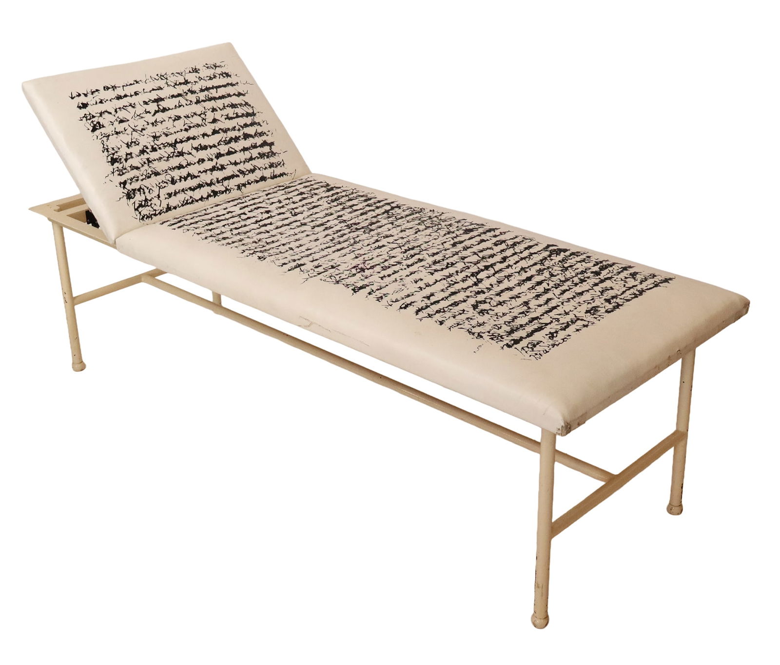 Claudia de Gallo Lager Chaise: Au-dela chaise with black printed on white faux leather and adjustable head rest, on painted metal frame. [24" H x 78" W x 28" D, 36" H with head raised]. Condition is good with some surface wear.