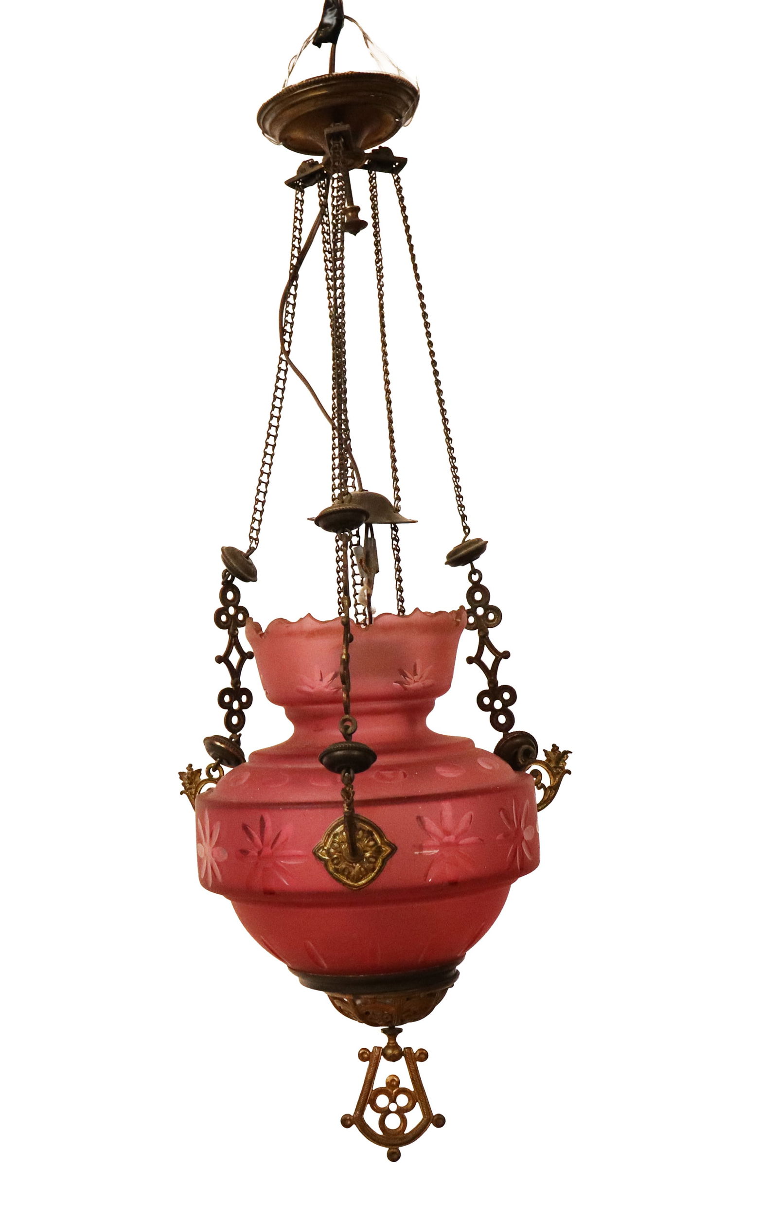 Victorian Etched Crystal and Gilt Brass Swag Lamp (1 of 11)