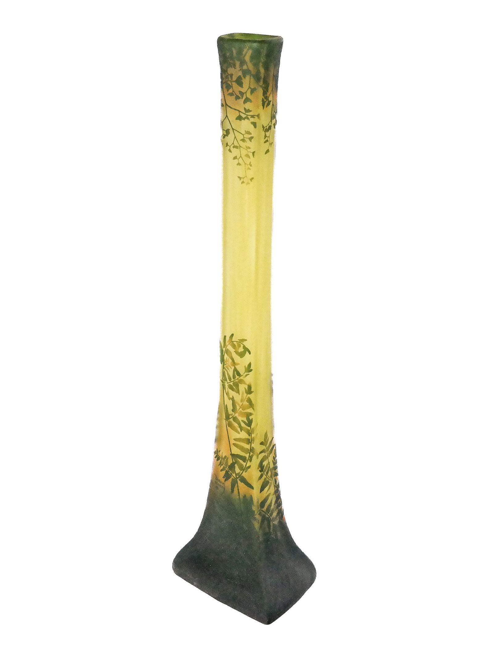 Daum Art Nouveau Acid Etched Vase: Daum Art Nouveau acid etched cameo glass vase, French, first quarter of the 20th century, with fern land gingko leaf design in greens, yellows and browns, signed Daum Nancy with the Cross of Lorraine.