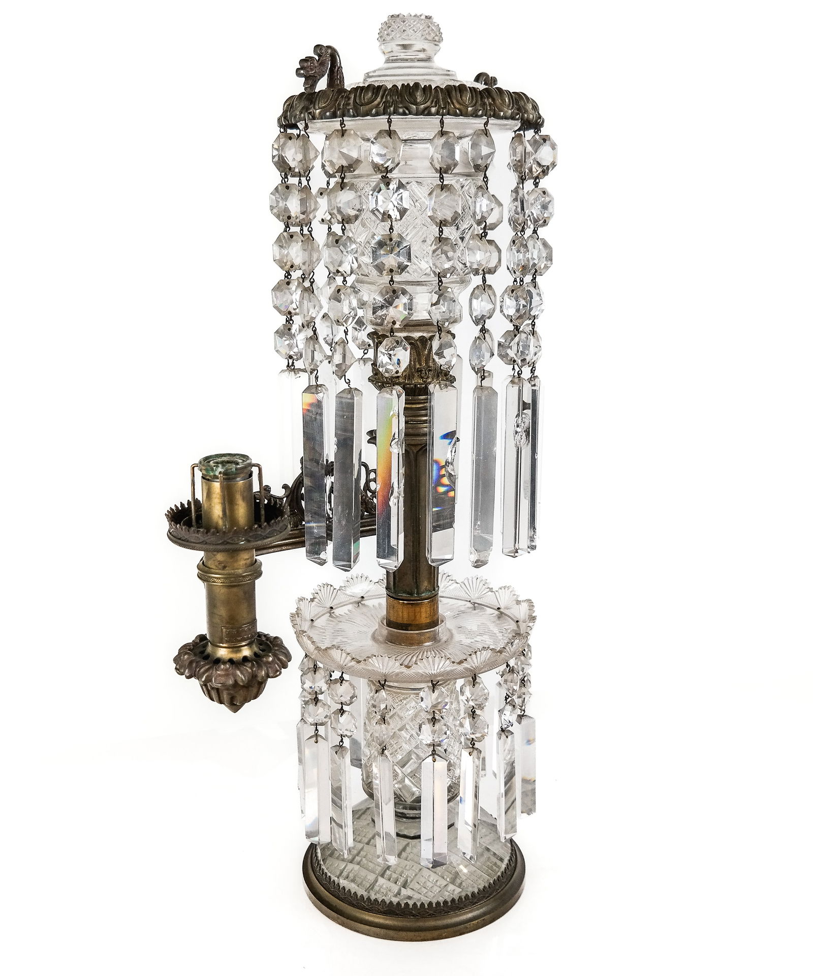 J & I Cox Victorian Crystal & Metal Argand Lamp: J & I Cox Victorian gilt metal and cut crystal argand lamp, New York, mid 19th century, the cut crystal top with rosette finial and a egg and dart gilt metal border accented with dragon heads, suspend