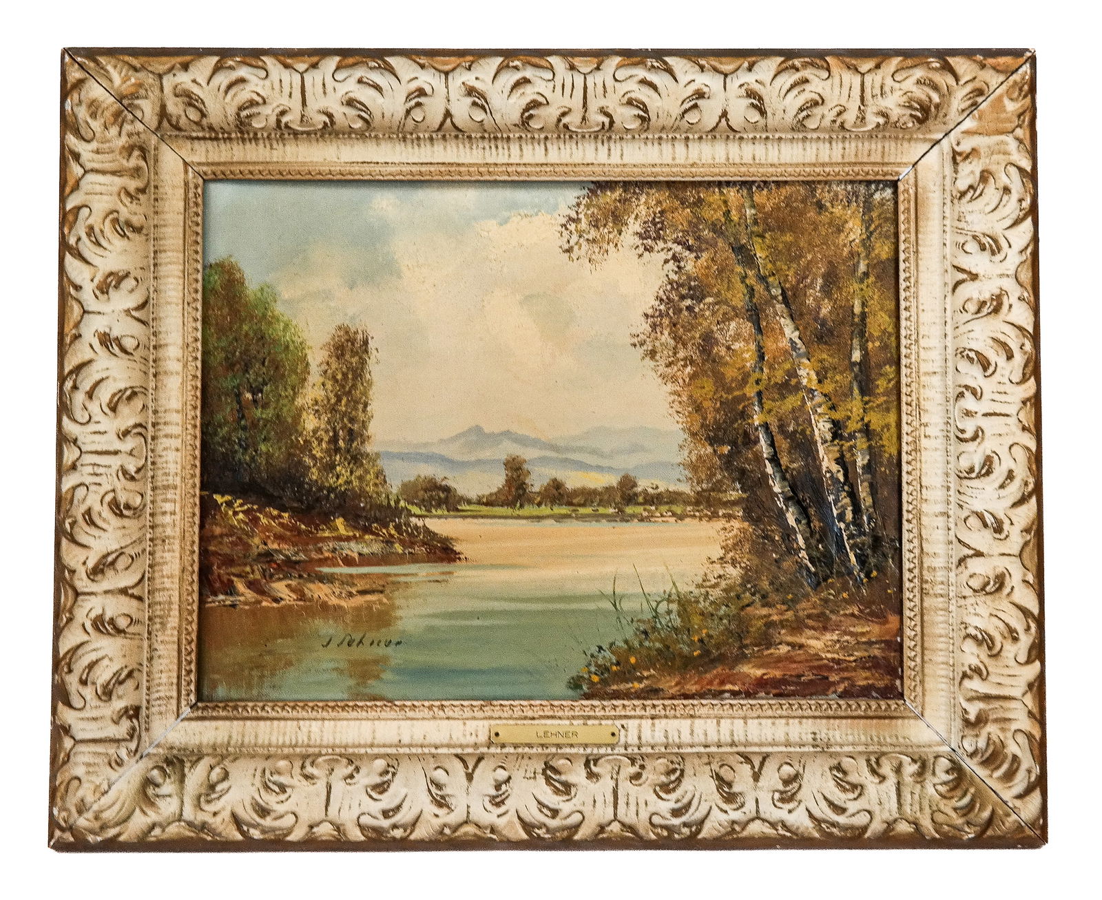 Josef LEHNER River Landscape, Oil on Canvas: Josef Lehner (Austrian, 1909-1944) oil on canvas river landscape with birch trees and mountains in the distance, signed lower left "J. Lehner," with labels to verso, in carved painted wood frame beari