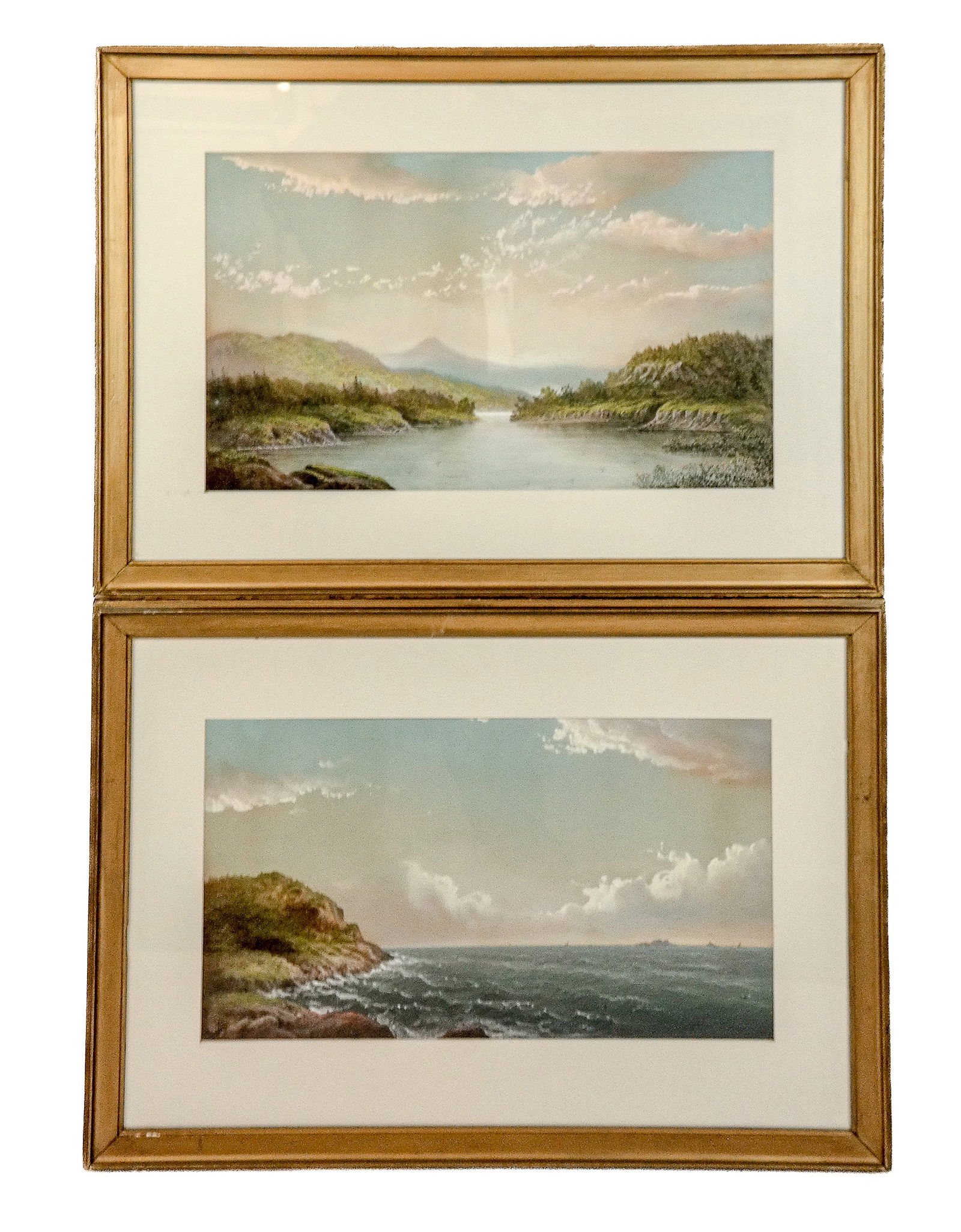 George Douglas BREWERTON Pair of Pastel Landscapes: George Douglas Brewerton (American, 1820-1901) pair of pastels, including a rocky coastal scene and a serene river landscape, each pencil signed within-the-composition lower right "Brewerton," with si