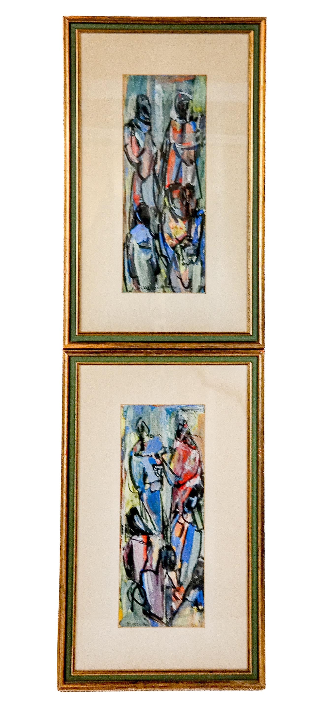 Hannah MOSCON Pair of Abstract Figural Studies: Hannah Moscon (New York, 20th Century) pair of gouache abstract figural studies, mid-20th century, each signed lower left "H. Moscon," framed and matted under glass. [Sight: 19" H x 7" W; Frames: 28.7