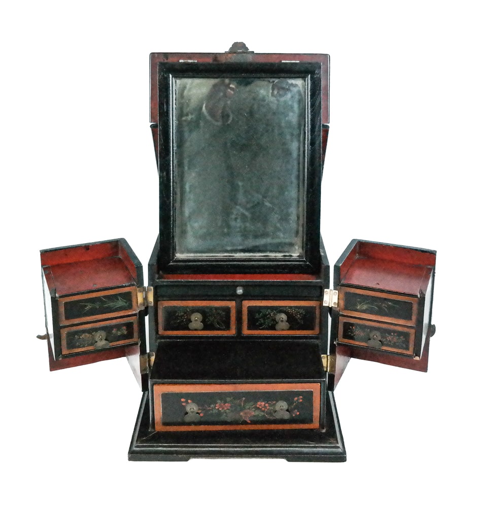 Chinese Qing Dynasty Black Lacquered Vanity Case: Chinese black lacquered vanity case, 19th century, with hand-painted floral and figural details to case, with a handle to each side, and brass hardware at opening, with a red and black lacquered