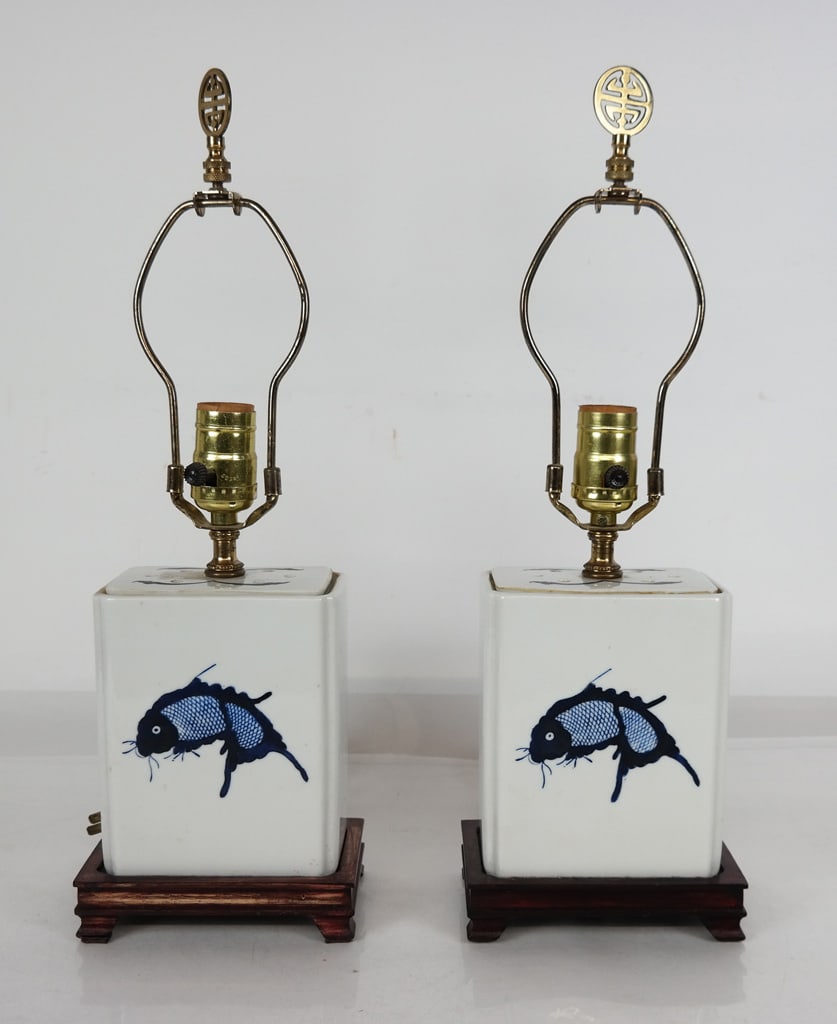 Pair of Fish Decorated Porcelain Lamps (1 of 8)