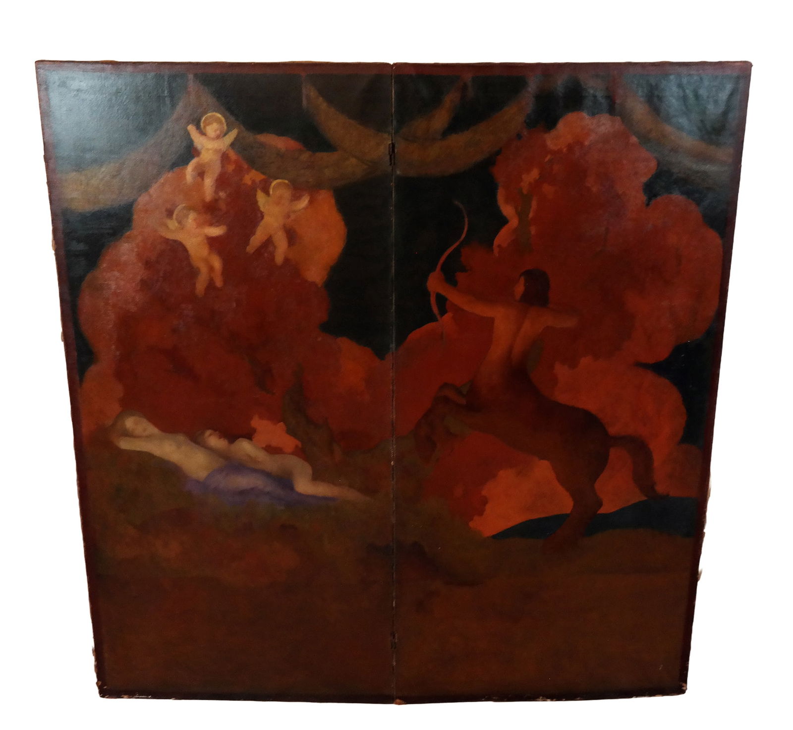Allegorical Oil on Canvas Two-Panel Screen: Allegorical oil on canvas, early 20th century, mounted on wood as a screen, depicting a centaur with putti and two nude figures to lower left, unsigned. [Each panel: 68.25" H x 32" W]. Condition is