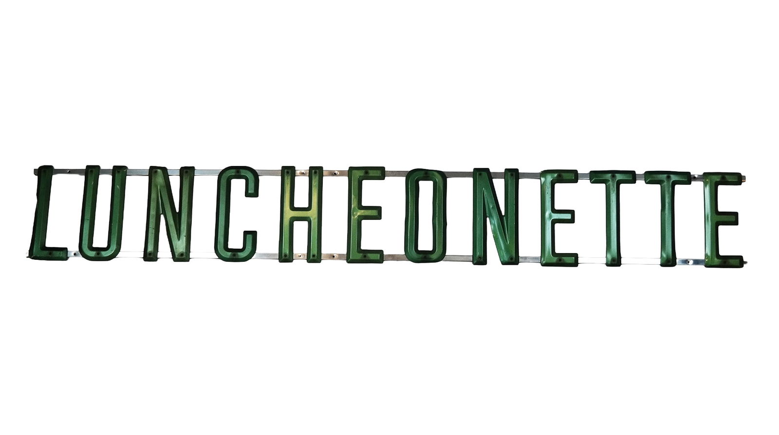 Painted Metal Luncheonette Sign: Painted metal luncheonette sign, American, circa 1930s, mounted on wood. [14.5" H x 103" W]. Condition is good with some losses to green paint. From the Collection of Sue and Cliff Freeman.