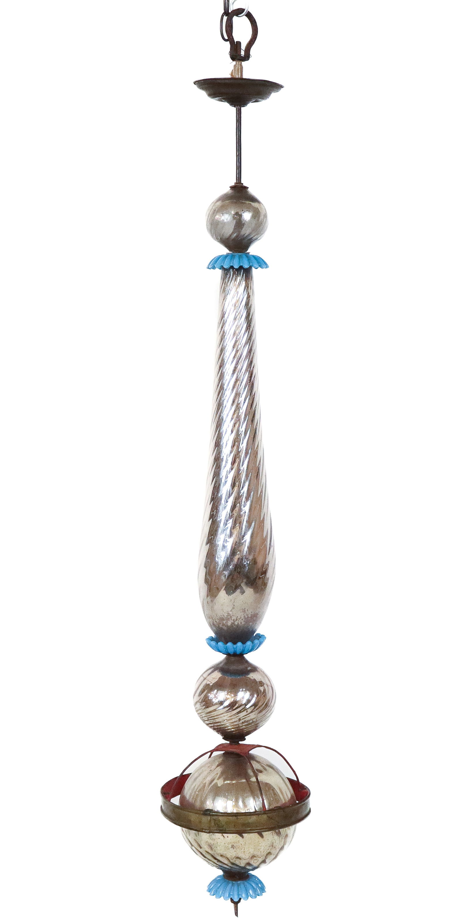 Mercury Glass Chandelier: Mercury glass chandelier, American, early 20th century, with blue milk glass accents and a spherical base with a metal mount for six arms. [Less hook: 46" H x 9.5" Diameter]. Condition is good with lo