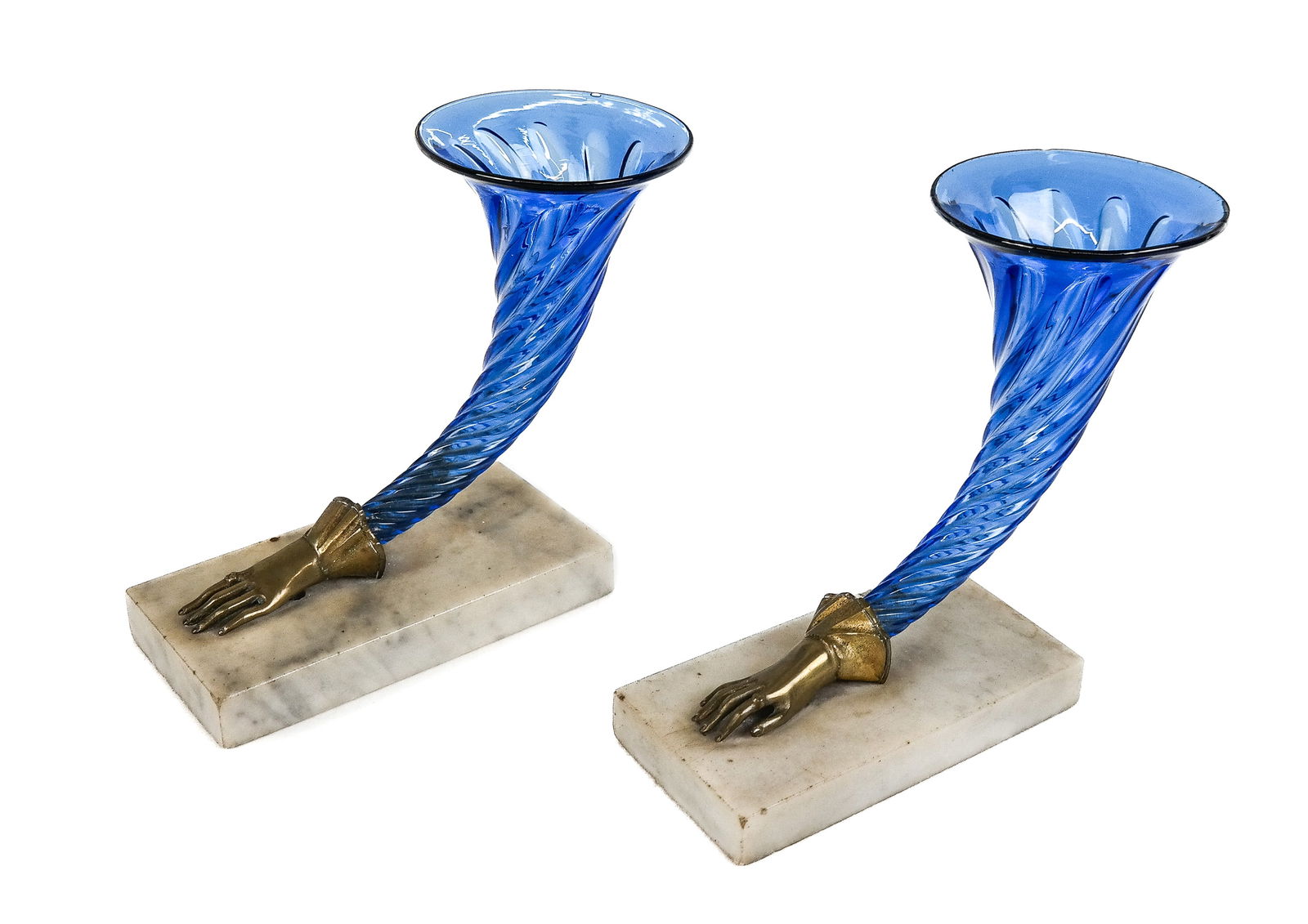 Pair of Blue Glass and Marble Garnitures: Pair of blue glass cornucopia garnitures with gilt metal glove terminals and marble bases, 20th Century. [6.5" H x 7.5" W x 4" D].. Overall condition is good.