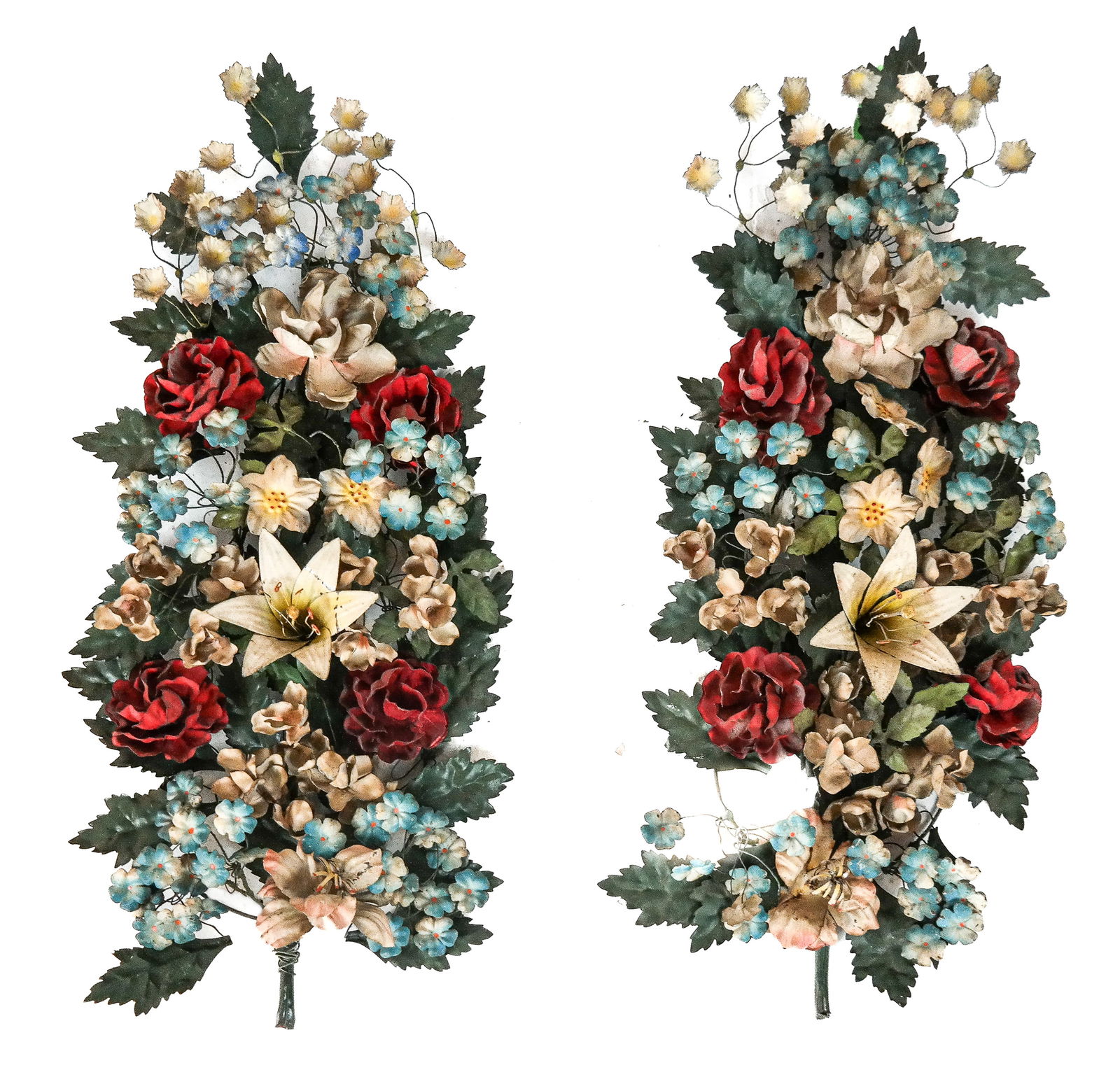 Pair of Tole Painted Floral Appliques: Pair of tole painted floral appliques, French, 19th century, with various flowers and hand-painted decoration. [29" H x 12" W x 5.5" D]. Condition to each is good with losses to decoration and some