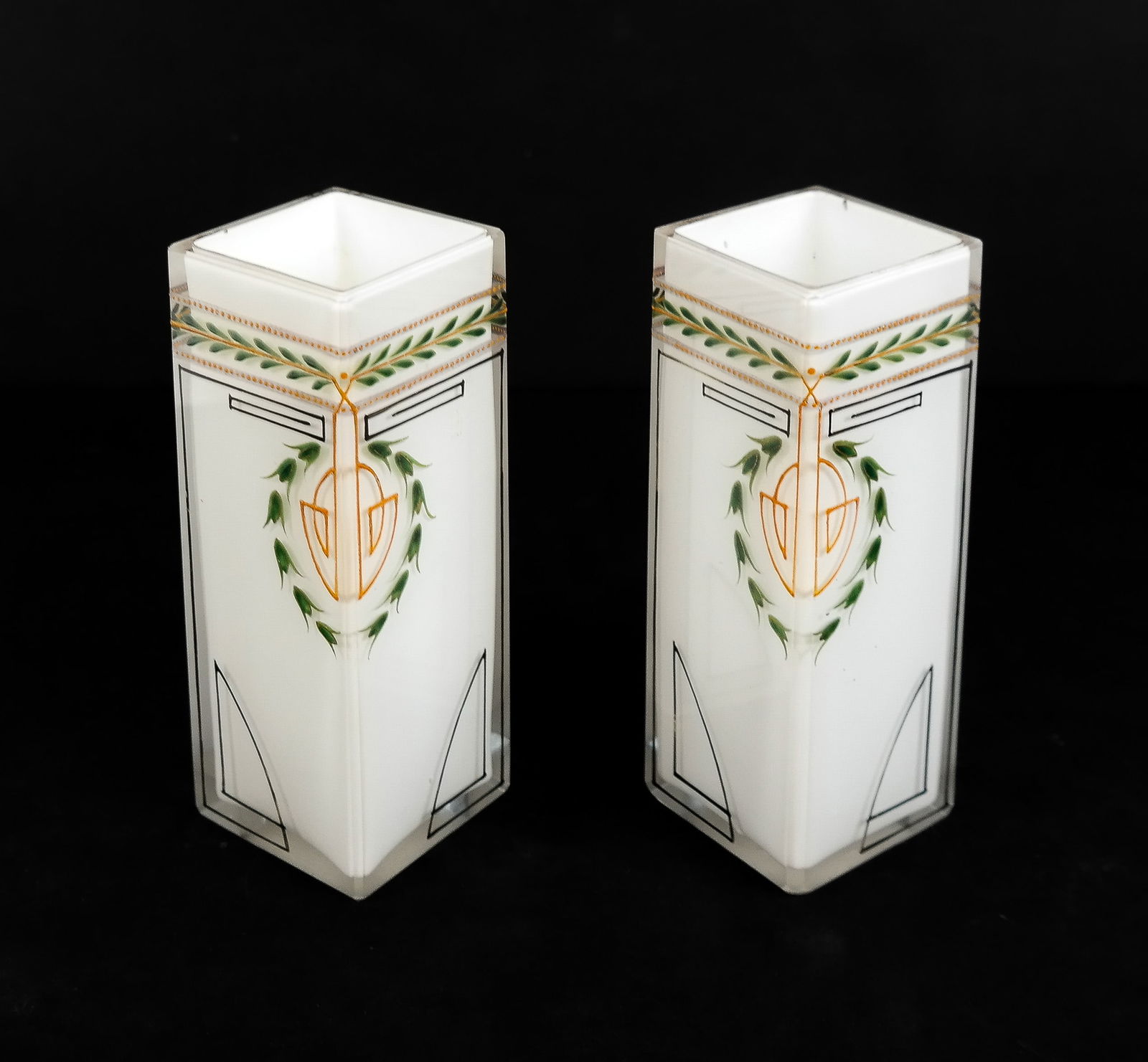 Josef Riedel Pair of Art Deco Glass Vases: Josef Anton Ridel the Younger pair of art deco painted glass vases, Bohemia, first quarter of the 20th century, unmarked. [6" H x 2.25" Square]. Overall condition is good, scratches to base and minor