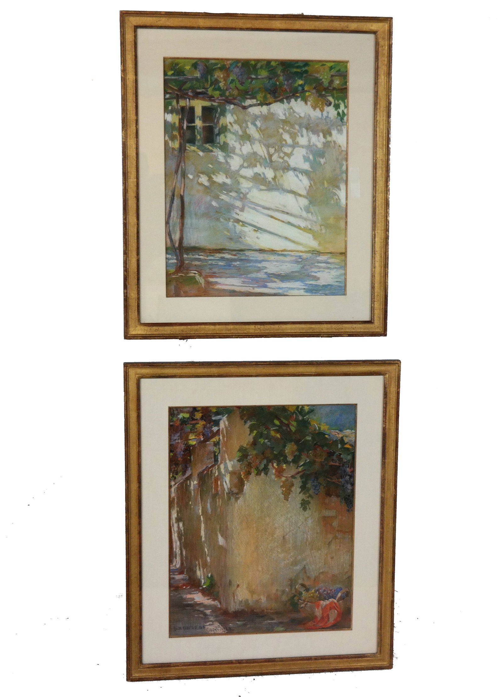 Attributed George Randolph BARSE 2 Pastel Studies: Attributed to George Randolph Barse Jr. (American, 1861-1938) pair of pastel drawings of buildings with grapevines, one signed and dated lower left "G.R. Barse N.A. / Capri 1913," each framed and matt