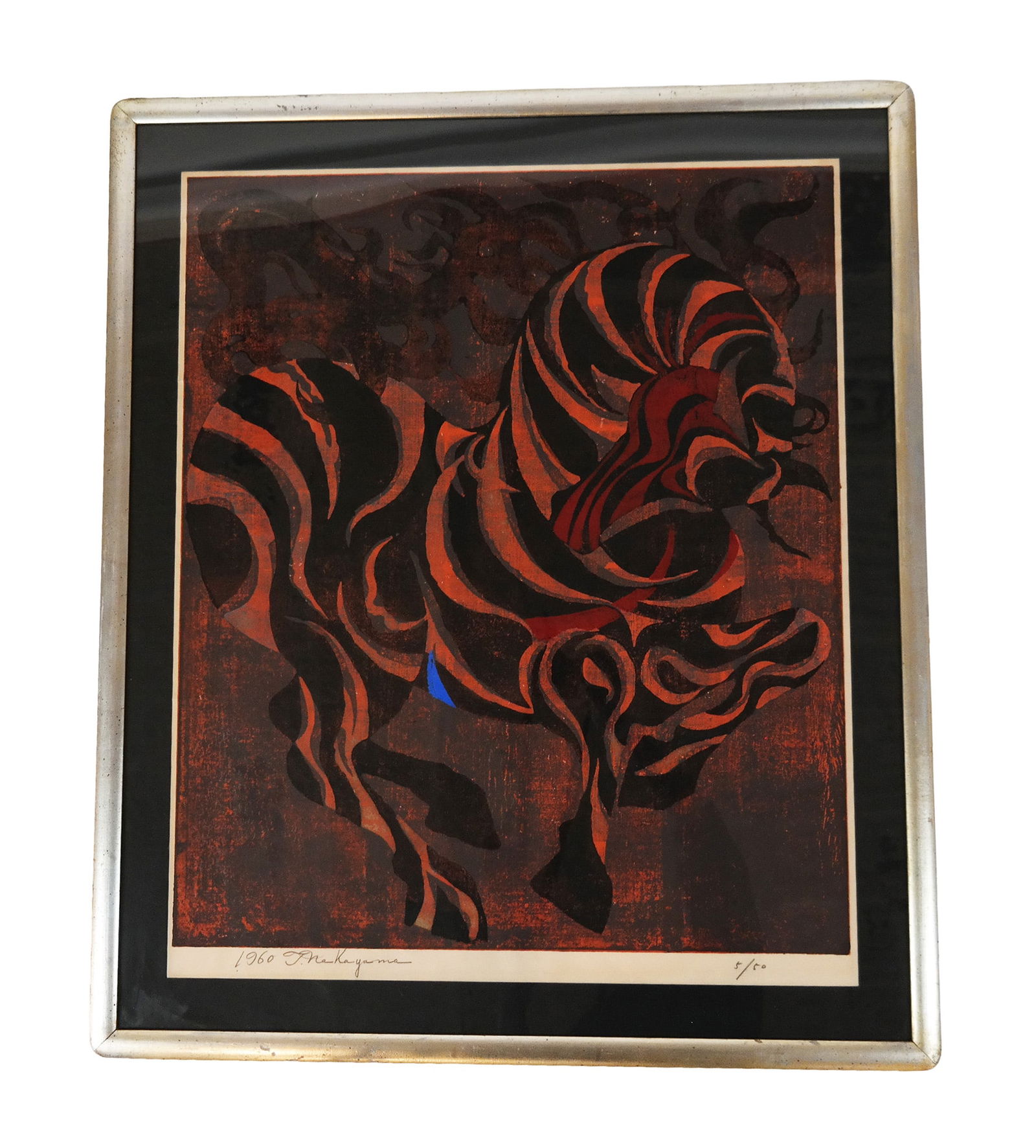 Tadashi NAKAYAMA Zebra, Color Woodblock Print: Tadashi Nakayama (Japanese, 1927-2014) woodblock print in colors of a zebra, pencil signed and dated lower left, 1960, and numbered lower left, 5/50, framed and matted. [Print: 29" H x 24.25" W; Frame