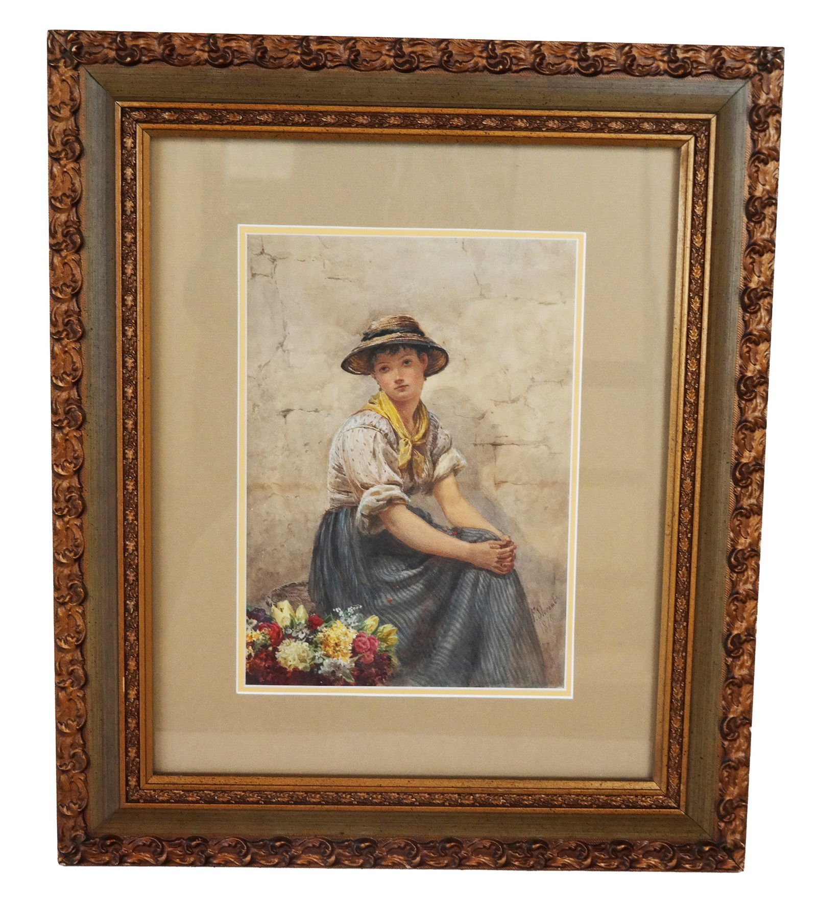 Frederick SLOCOMBE "The Flower Seller" Watercolor: Frederick Alfred Slocombe (British, 1847-1920) figural watercolor titled "The Flower Seller," signed and dated lower right "F. Slocombe," 1879, framed and matted. [Sight: 13.5" H x 9.75" W; Frame: