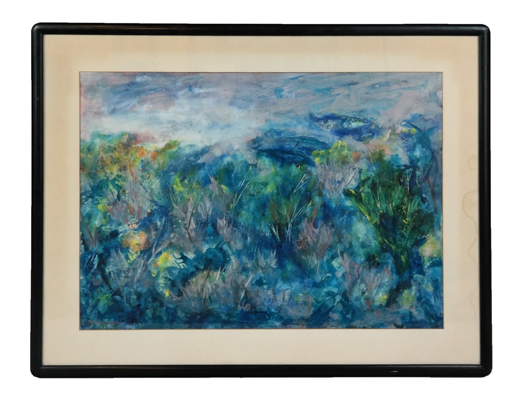 Naomi LORNE Abstract Landscape, Watercolor: Naomi Lorne (American, 1902-1964) watercolor abstract landscape in cool tones, signed in red lower left, matted and framed. [Sight: 21" H x 29.5" W; Frame: 29" H x 37.5" W]. Painting in overall good c