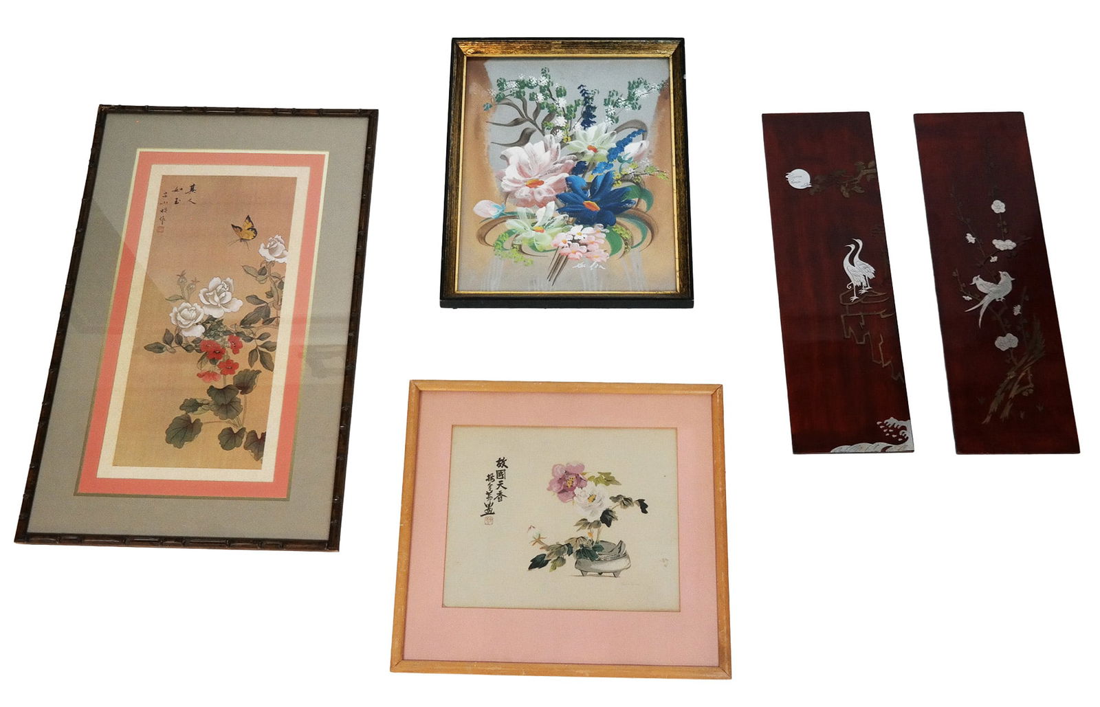 Group of Asian Works, 5: Group of five Asian works, 20th century, comprising: two Korean wood wall plaques with silver colored bird decorations; an Asian print with flowers and butterfly; and two signed floral studies, one