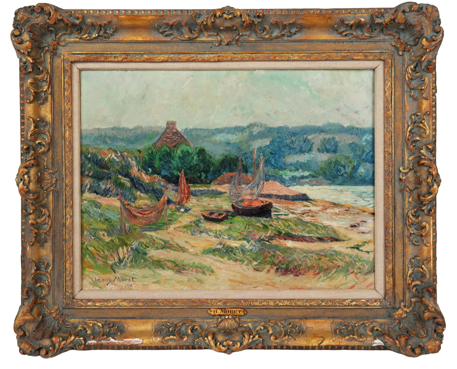 After Henry MORET Impressionist Landscape: Well-executed oil on canvas copy after Henry Moret (French, 1856-1913) depicting an impressionist shore scene with sailboats, signed spuriously lower left and dated, 1906. [Canvas: 18.25" H x 24.25"