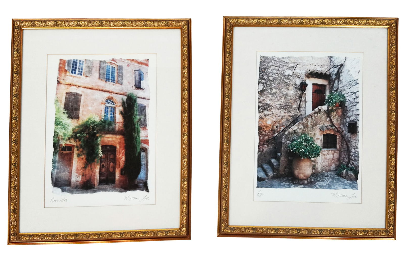 Maureen LOVE 2 Photographic Art Prints: Maureen Love (American, b. 1922) group of two photographic art prints, each signed lower right "Maureen Love" with titles lower left, including "Roussillon" and "Eze," in matching mats and gilt